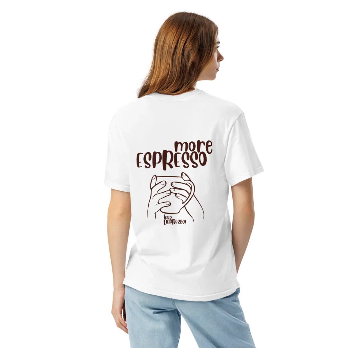White t-shirt with “More Espresso, Less Depresso” text – funny coffee quote tee for caffeine lovers