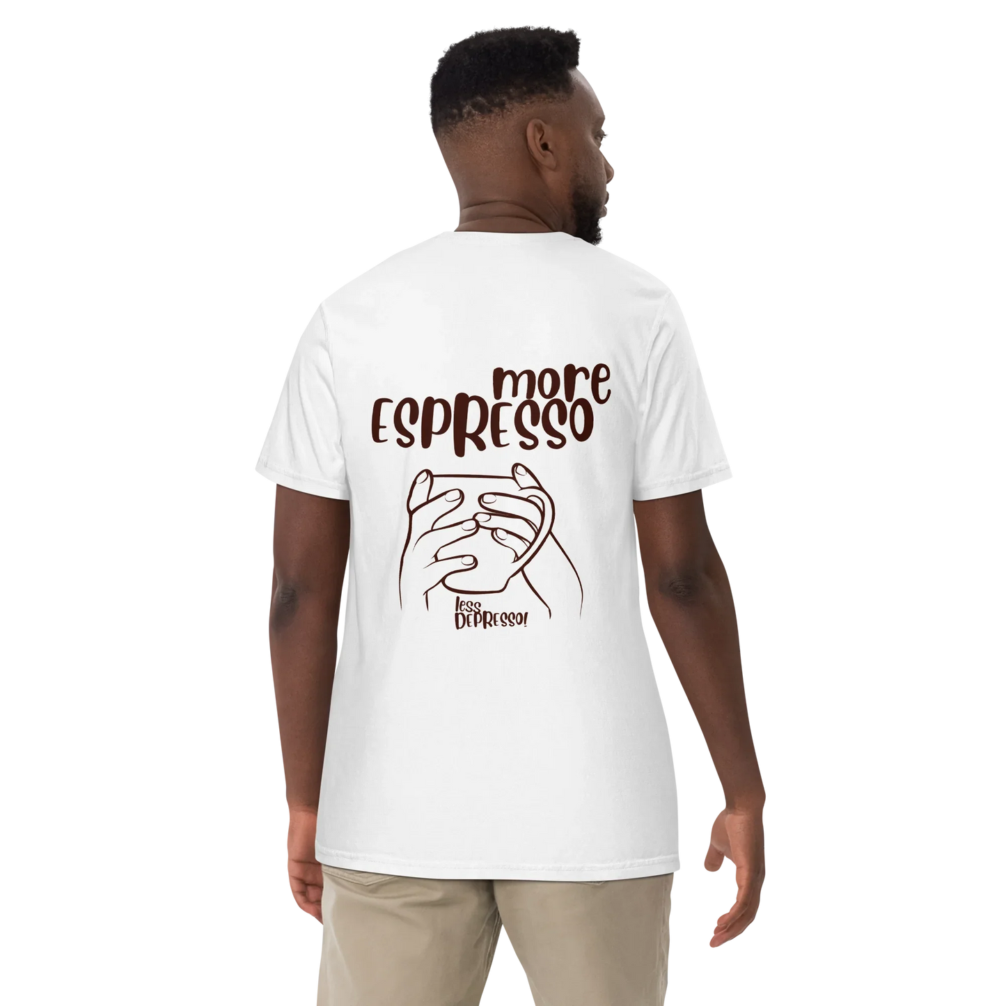 White t-shirt with “More Espresso, Less Depresso” text – funny coffee quote tee for caffeine lovers