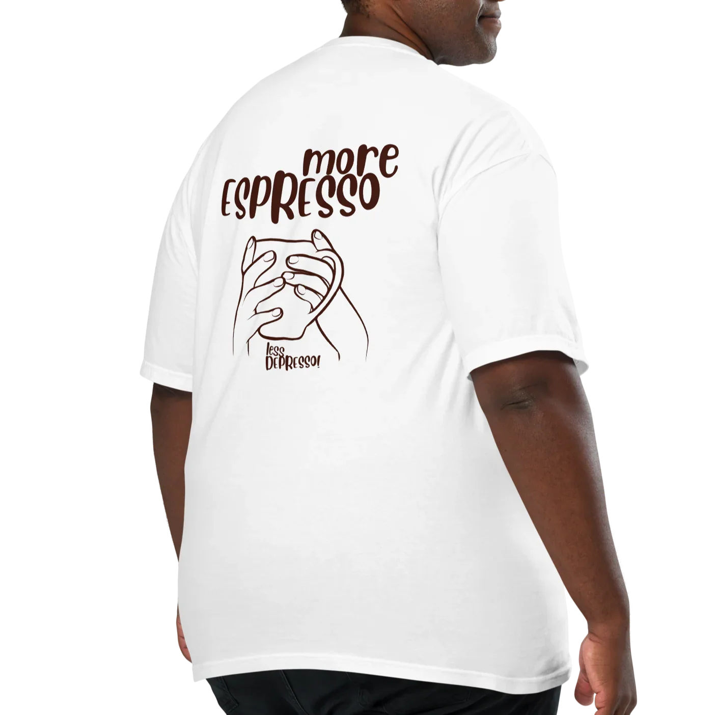 White t-shirt with “More Espresso, Less Depresso” text – funny coffee quote tee for caffeine lovers