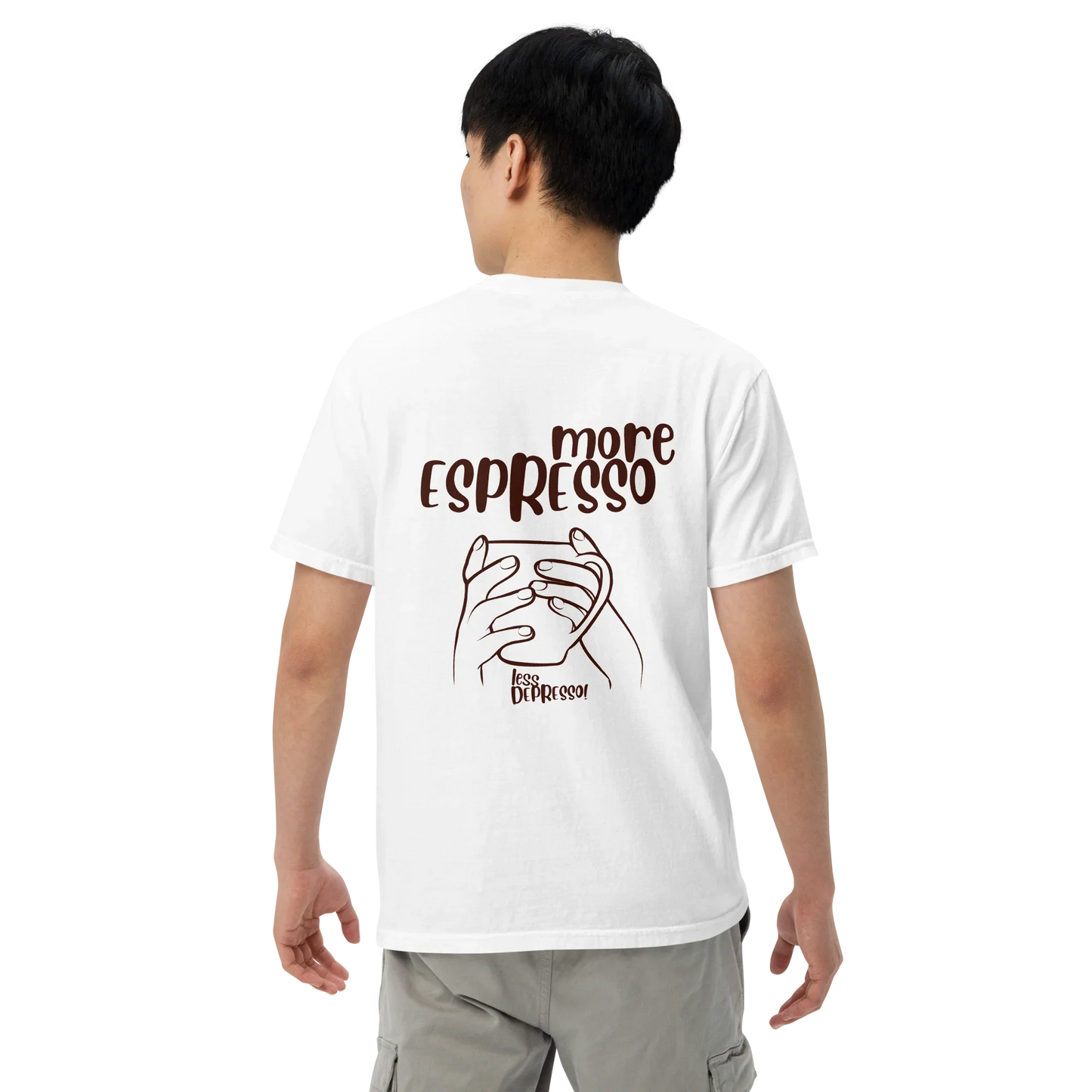 White t-shirt with “More Espresso, Less Depresso” text – funny coffee quote tee for caffeine lovers