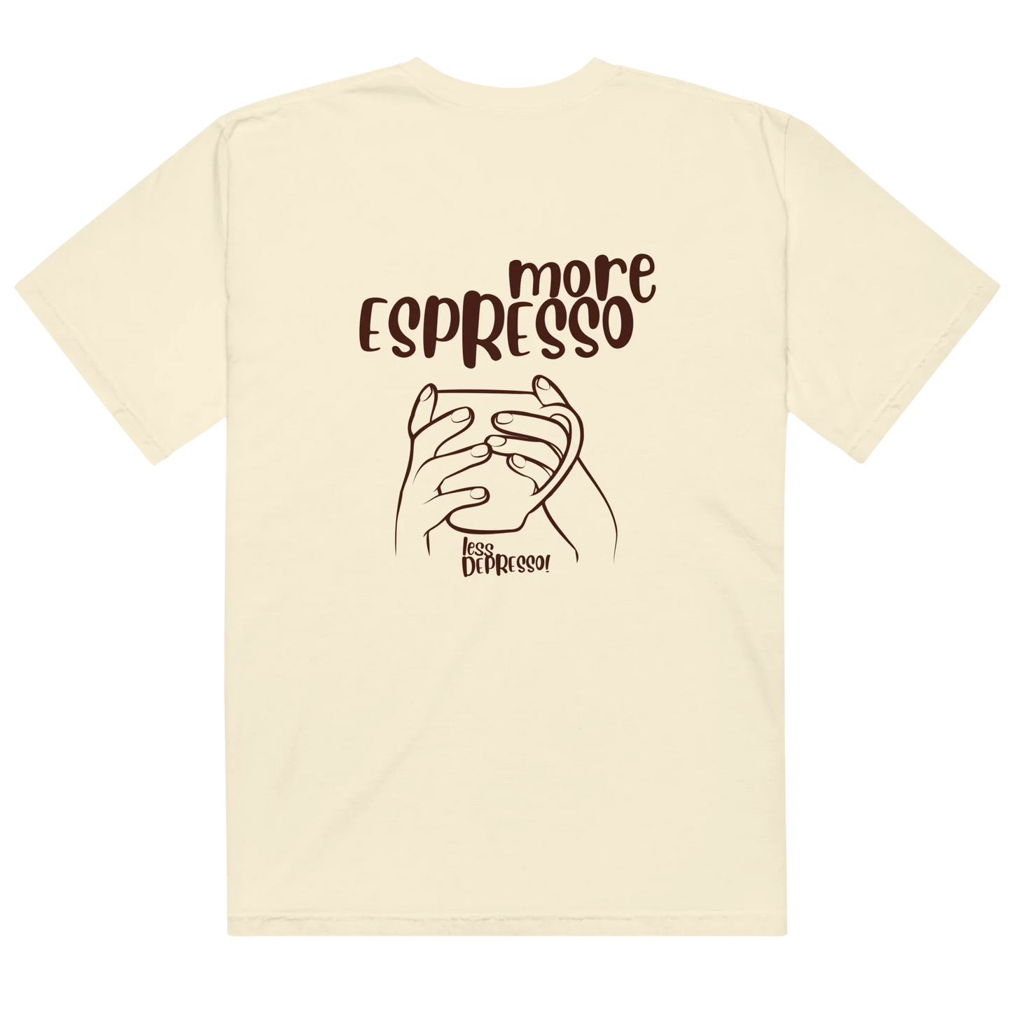 White t-shirt with “More Espresso, Less Depresso” text – funny coffee quote tee for caffeine lovers