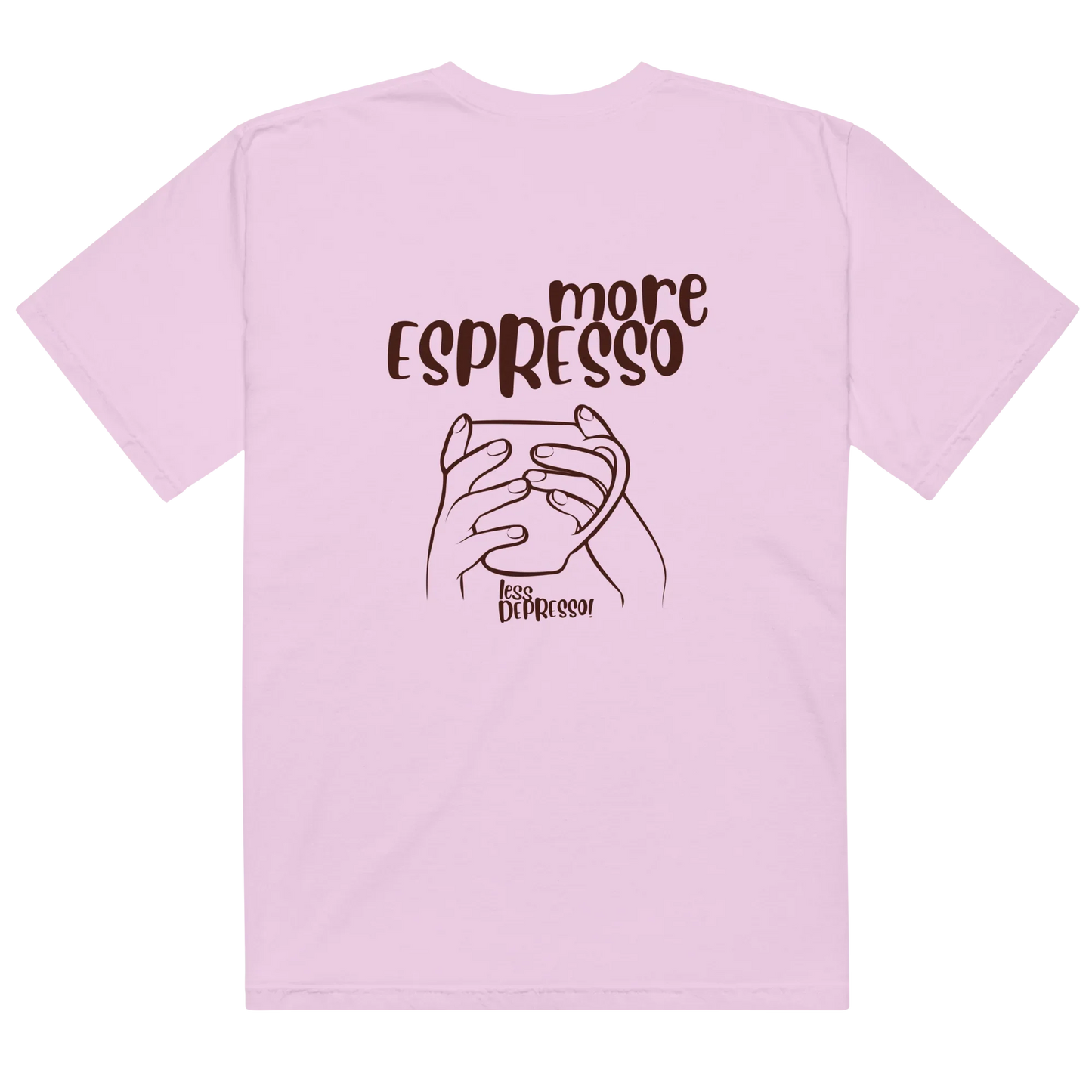 White t-shirt with “More Espresso, Less Depresso” text – funny coffee quote tee for caffeine lovers