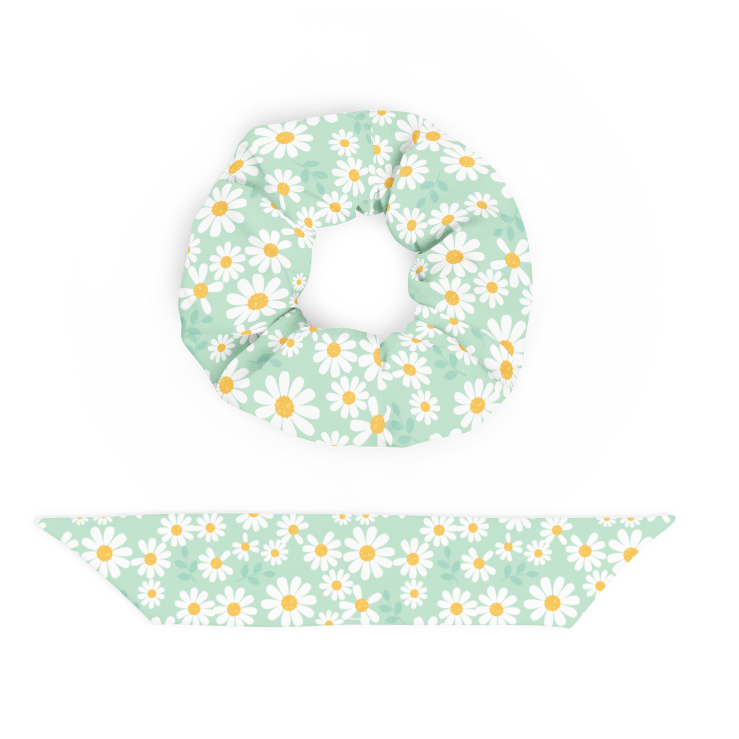 Scrunchie with daisy pattern on a white background
