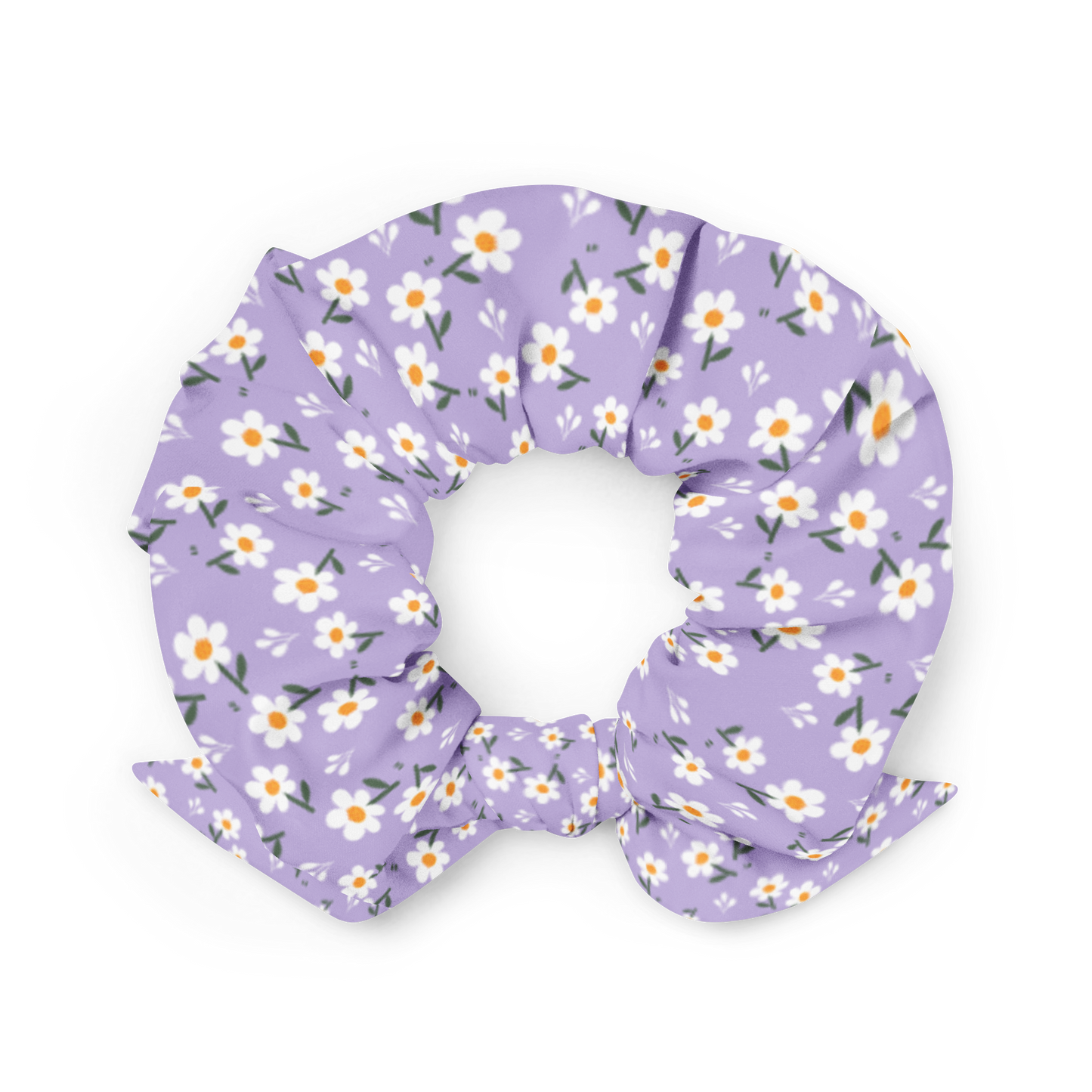 Purple scrunchie with floral pattern on a white background