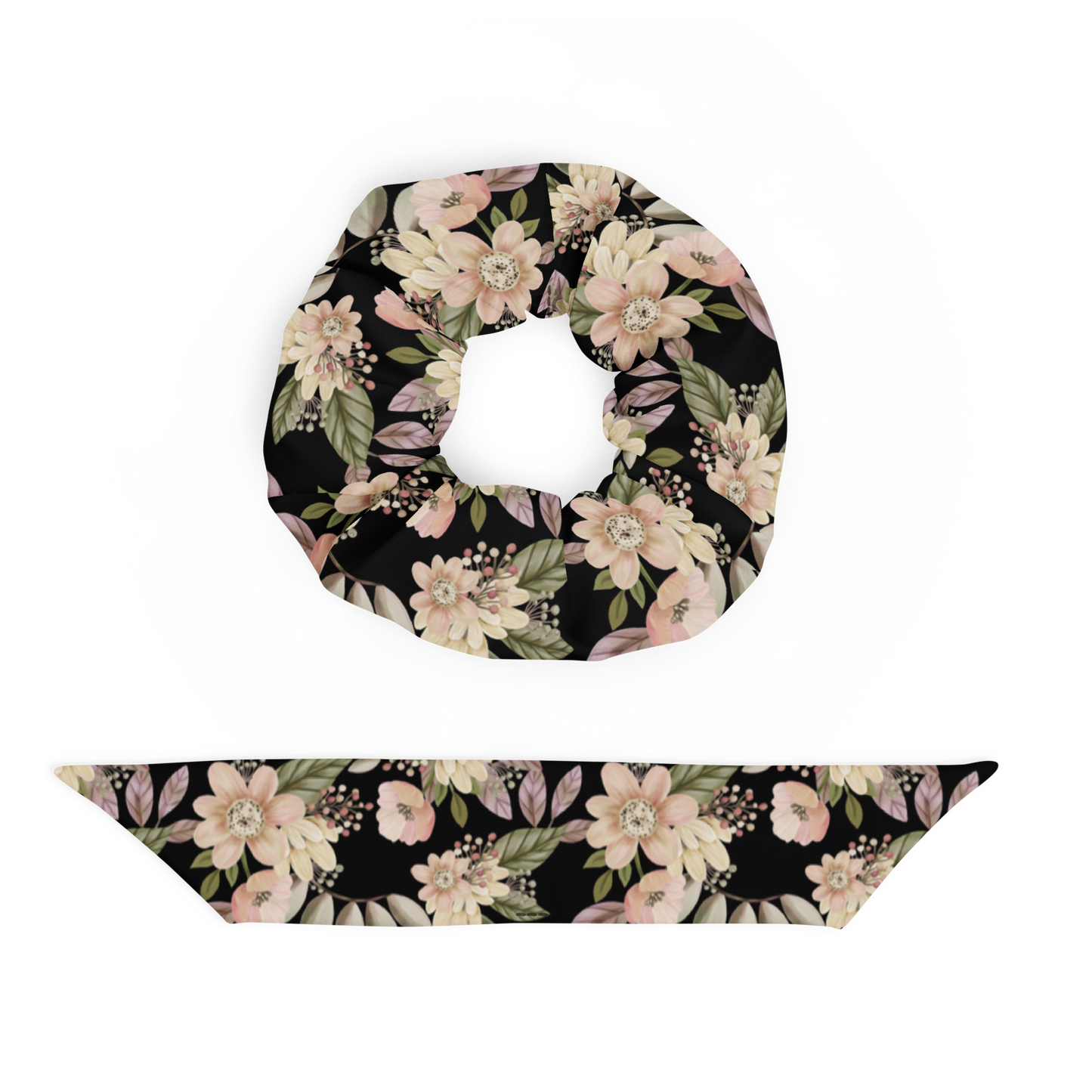 Floral patterned scrunchie on a white background