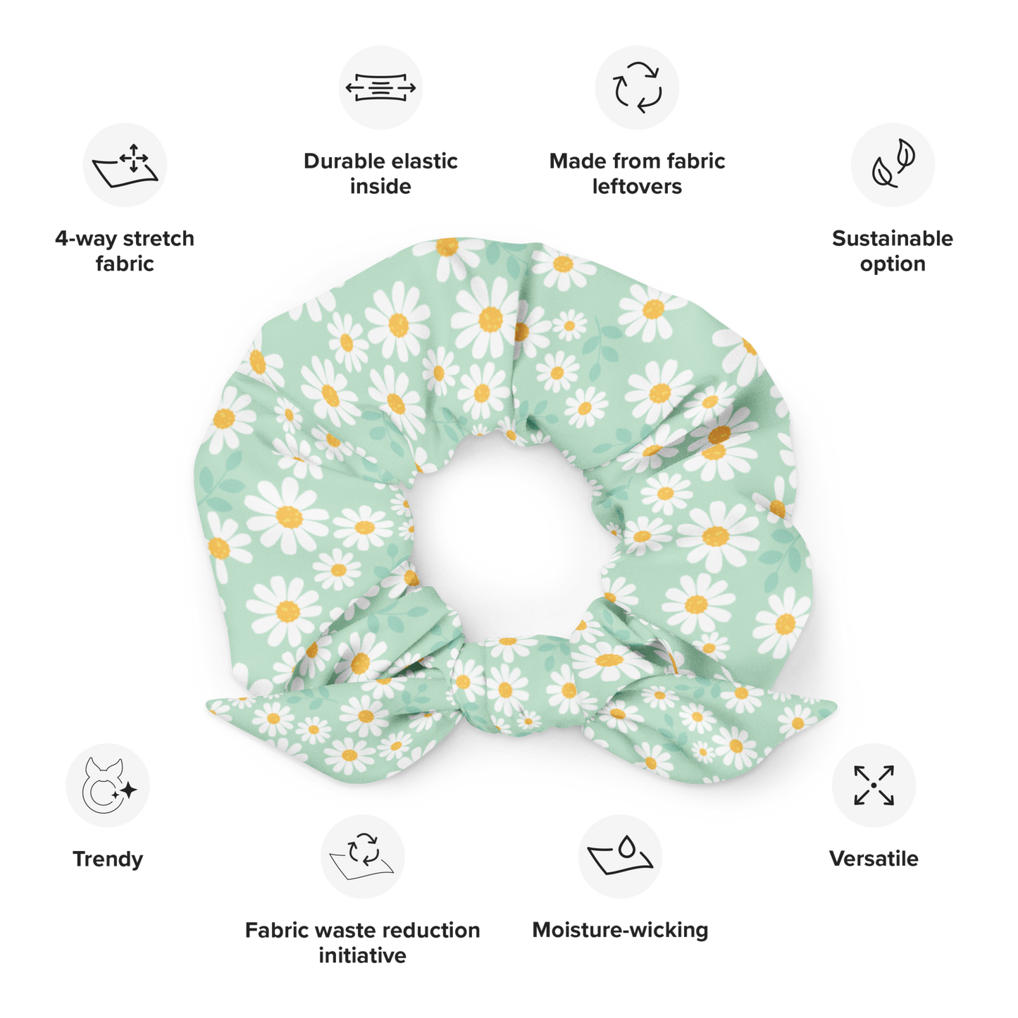 Floral scrunchie with sustainability features on a white background