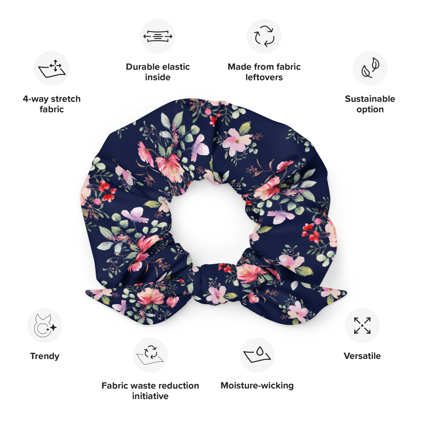 Floral scrunchie with sustainability features on a white background