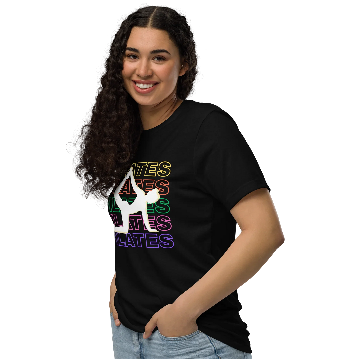 Woman wearing colorful Pilates t-shirt with bold fitness design – perfect for active lifestyle, gym, and wellness lovers