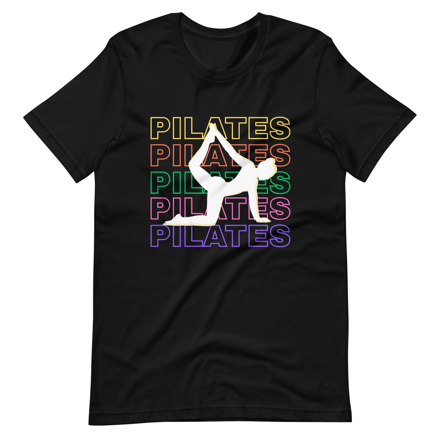 Woman wearing colorful Pilates t-shirt with bold fitness design – perfect for active lifestyle, gym, and wellness lovers