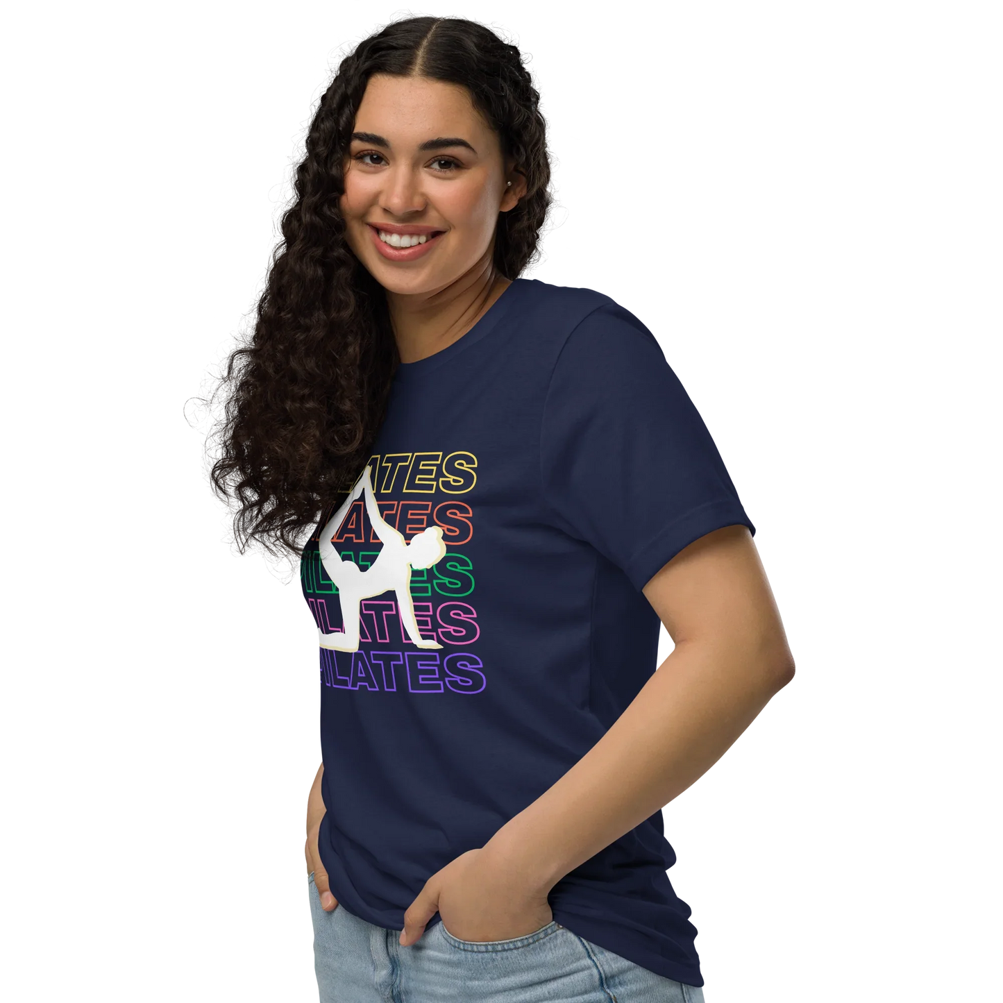 Woman wearing colorful Pilates t-shirt with bold fitness design – perfect for active lifestyle, gym, and wellness lovers