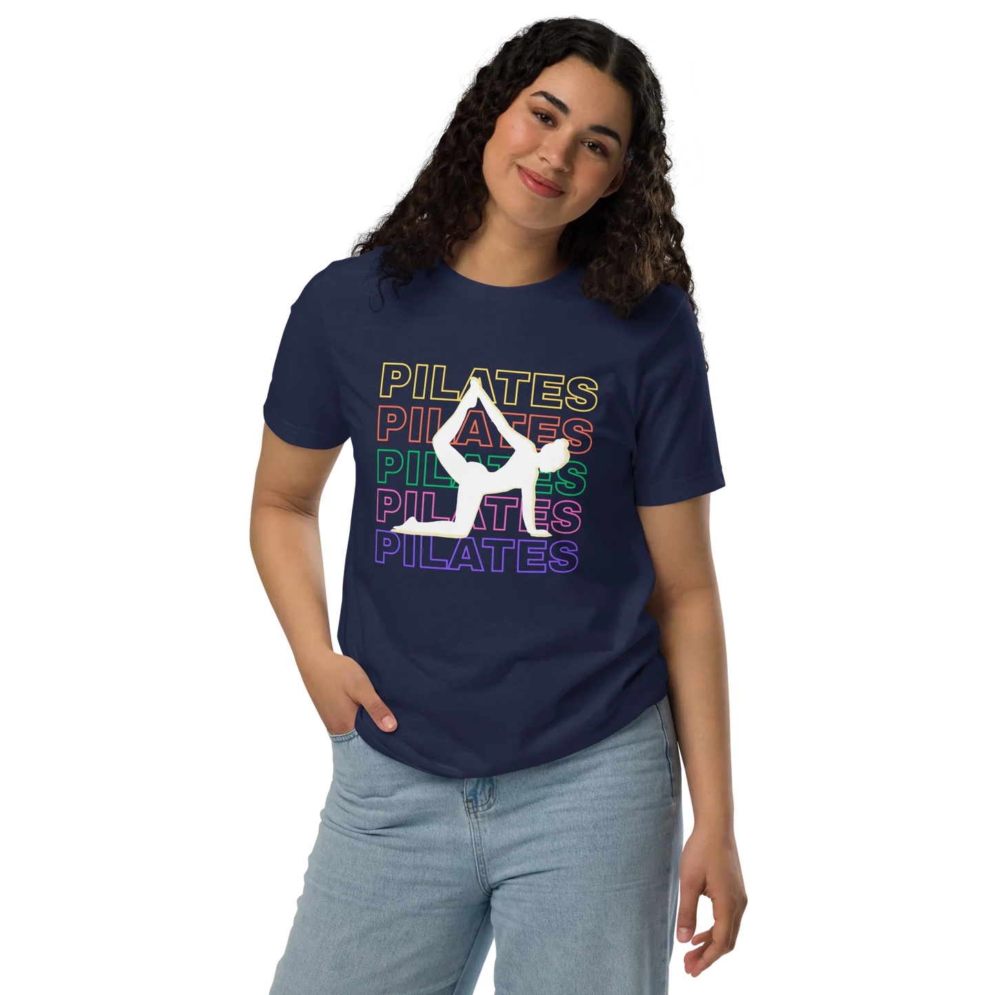 Woman wearing colorful Pilates t-shirt with bold fitness design – perfect for active lifestyle, gym, and wellness lovers