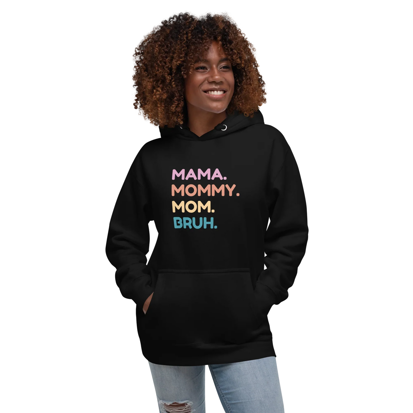 Person wearing a black hoodie with colorful text on a white background