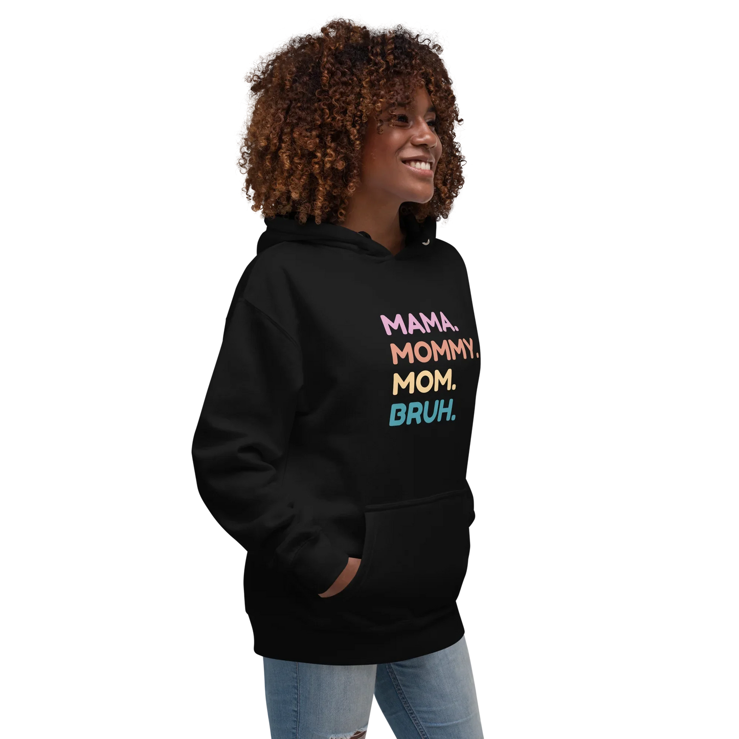 Person wearing a black hoodie with colorful text on a white background