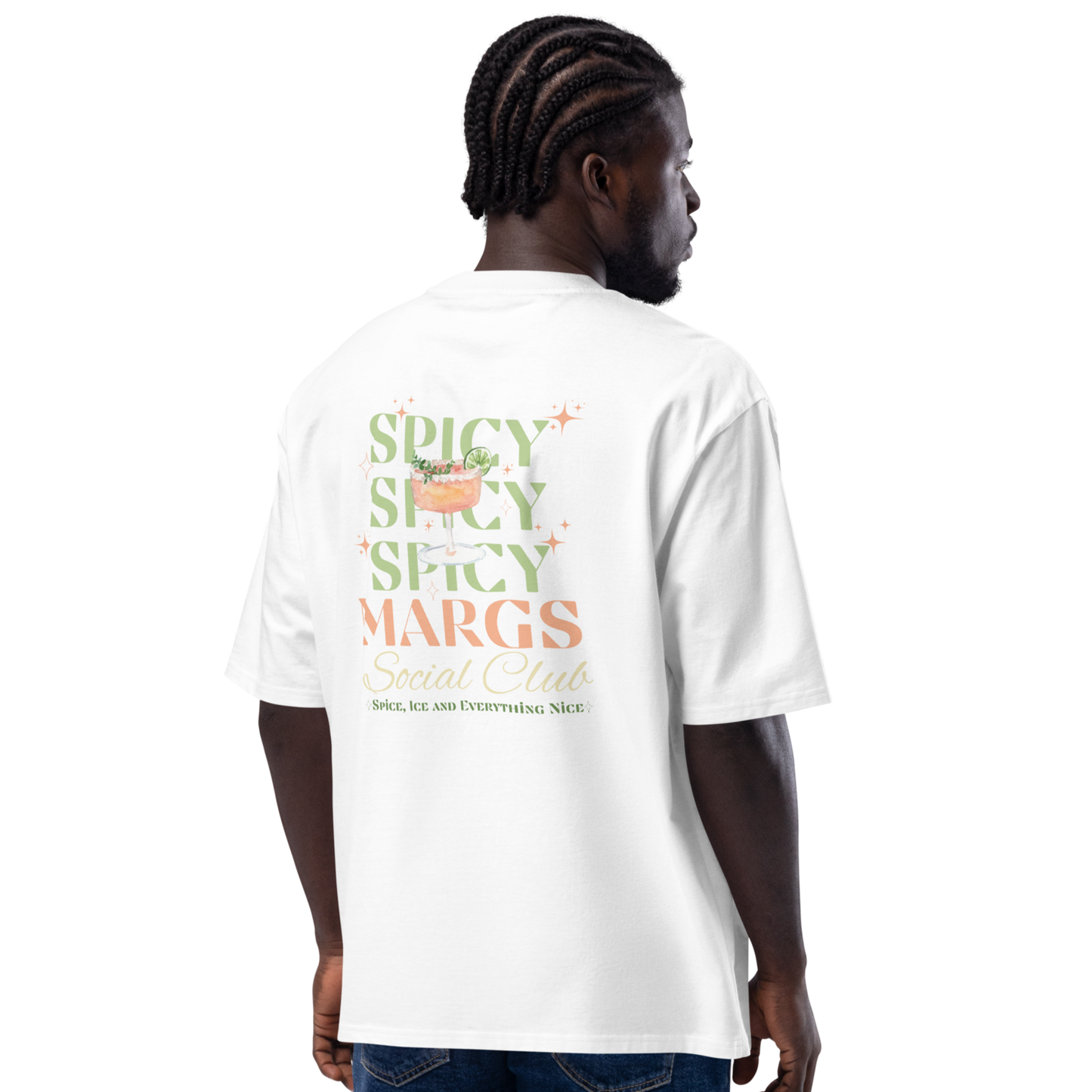 Person wearing a white t-shirt with colorful text and graphics on the back, standing against a white background.