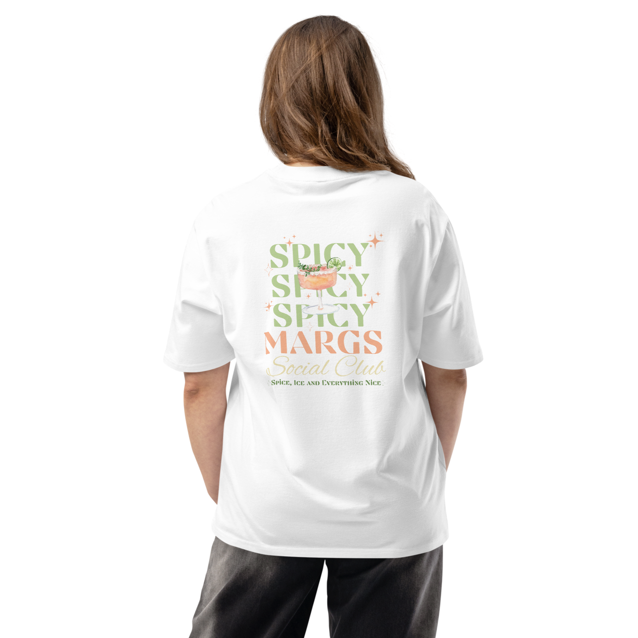 Person wearing a white t-shirt with 'Spicy Spicy Spicy Margs' text and graphic on the back, standing against a white background.