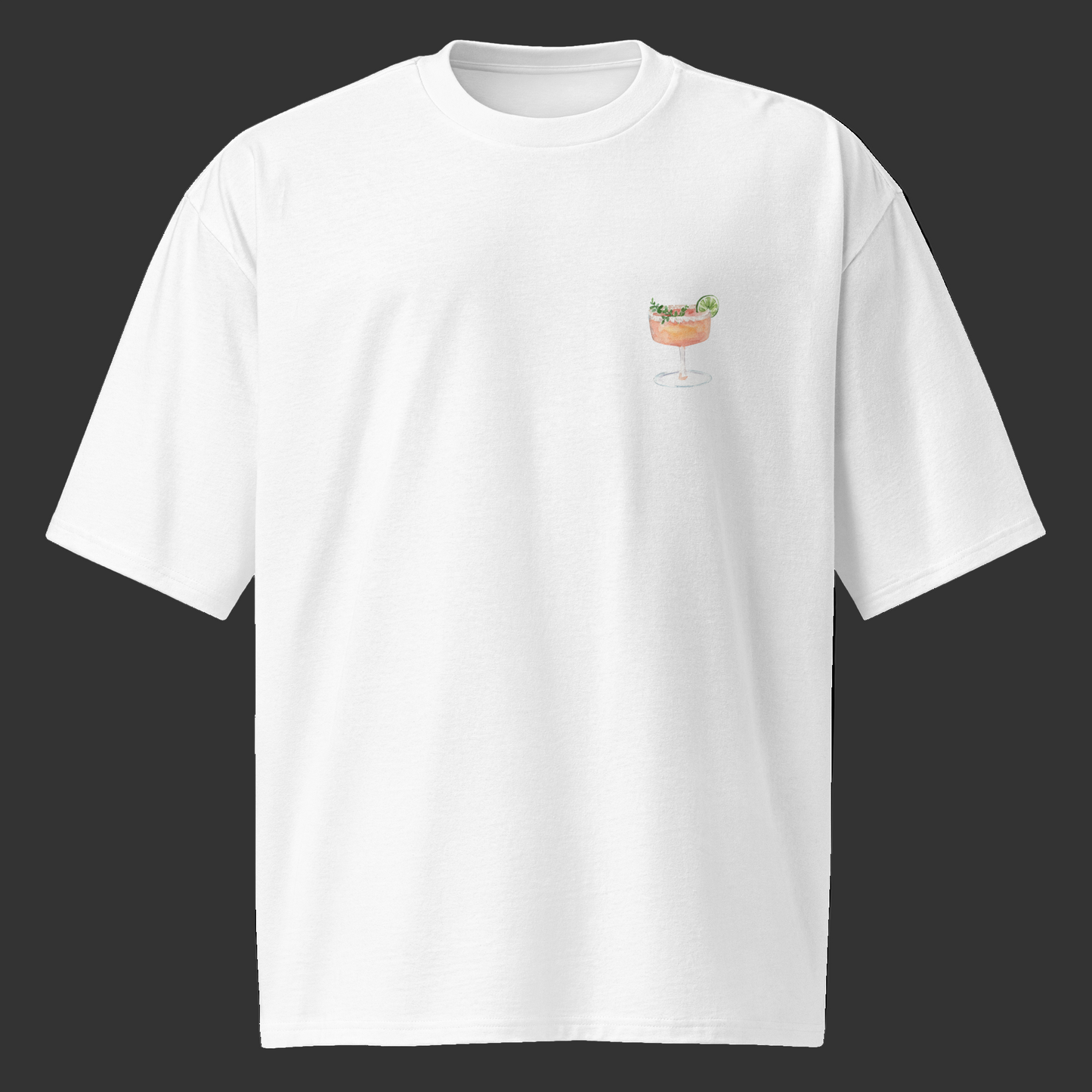 White t-shirt with a small graphic on the chest against a white background