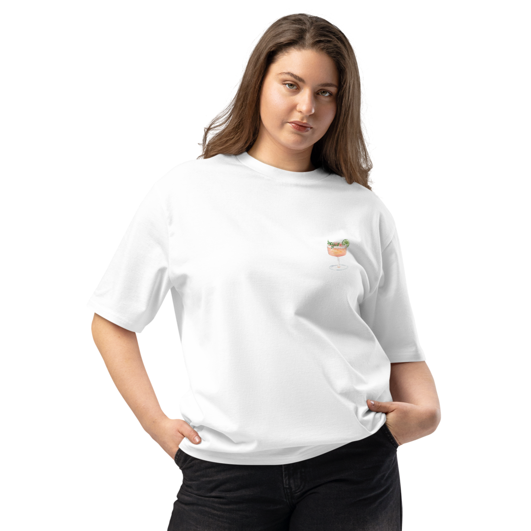 Woman wearing a white t-shirt and black pants on a white background