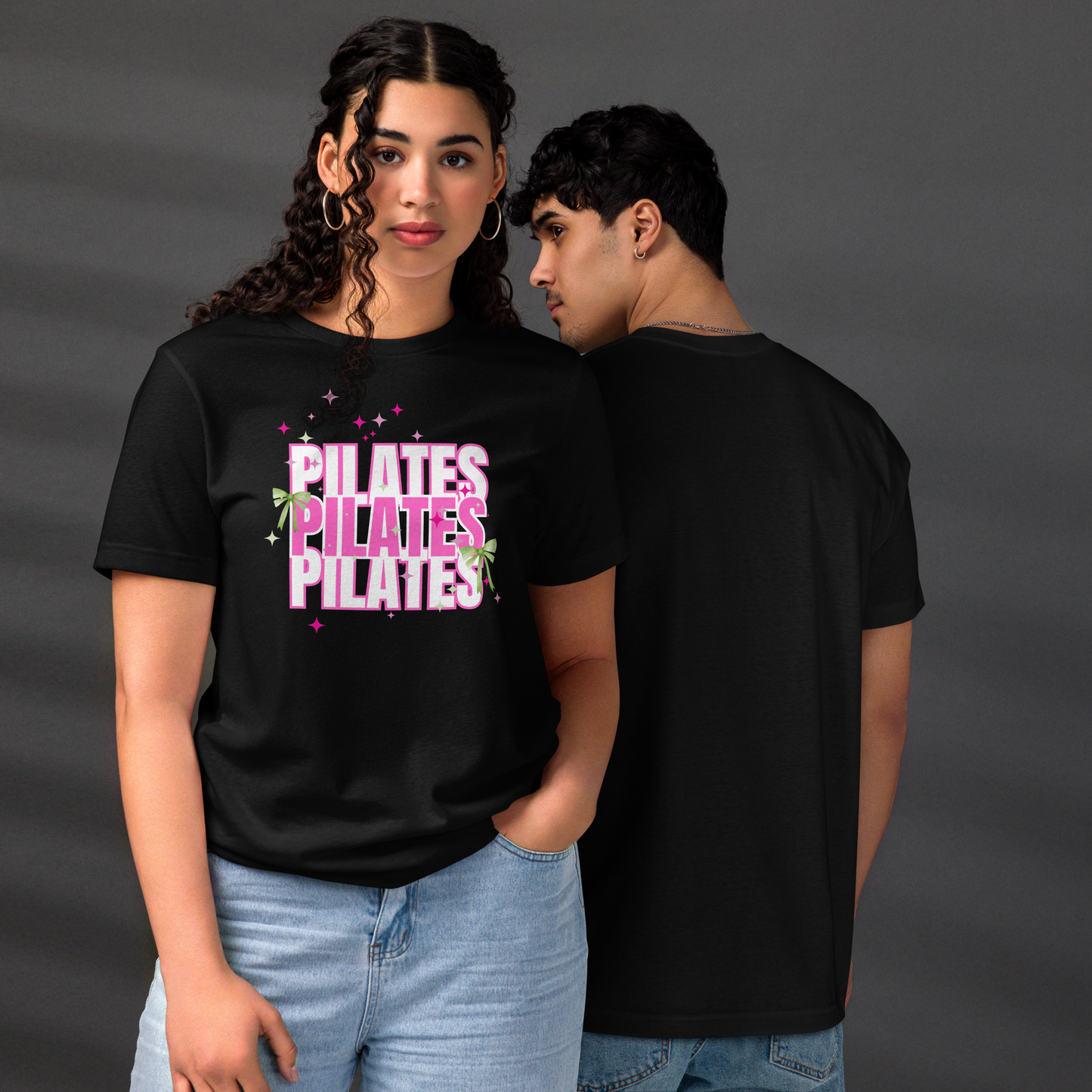 Pilates t-shirt with soft green bow – aesthetic activewear for women
