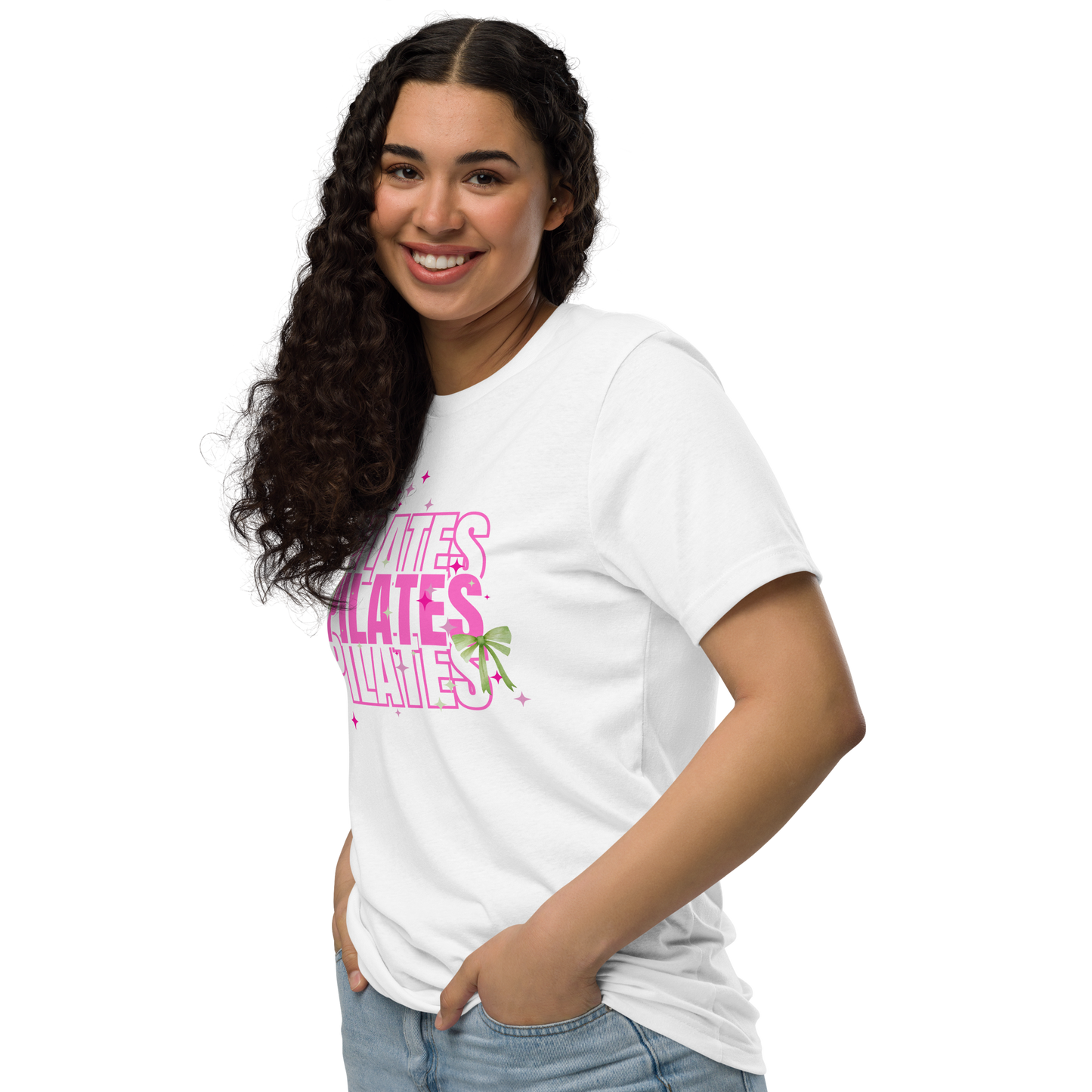 Pilates t-shirt with soft green bow – aesthetic activewear for women