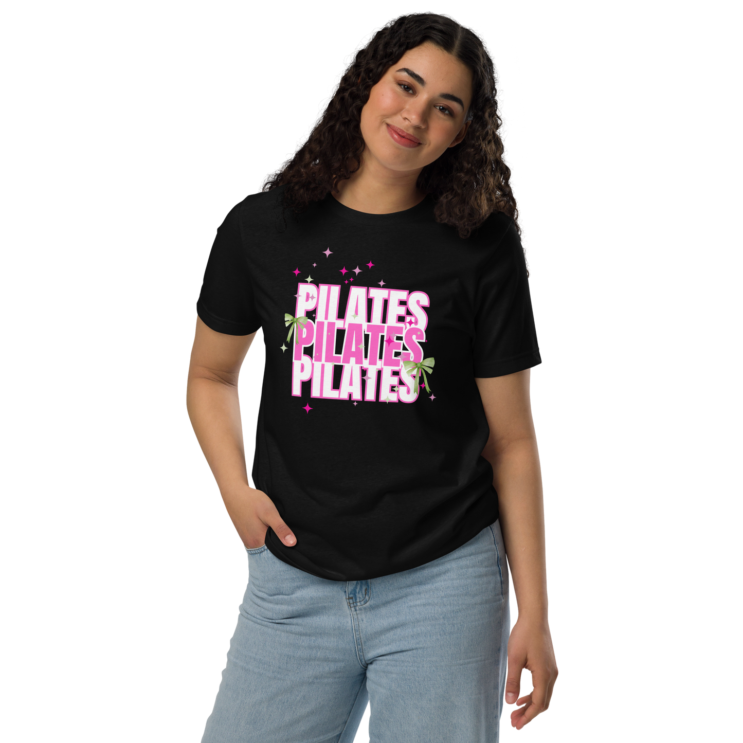 Pilates t-shirt with soft green bow – aesthetic activewear for women