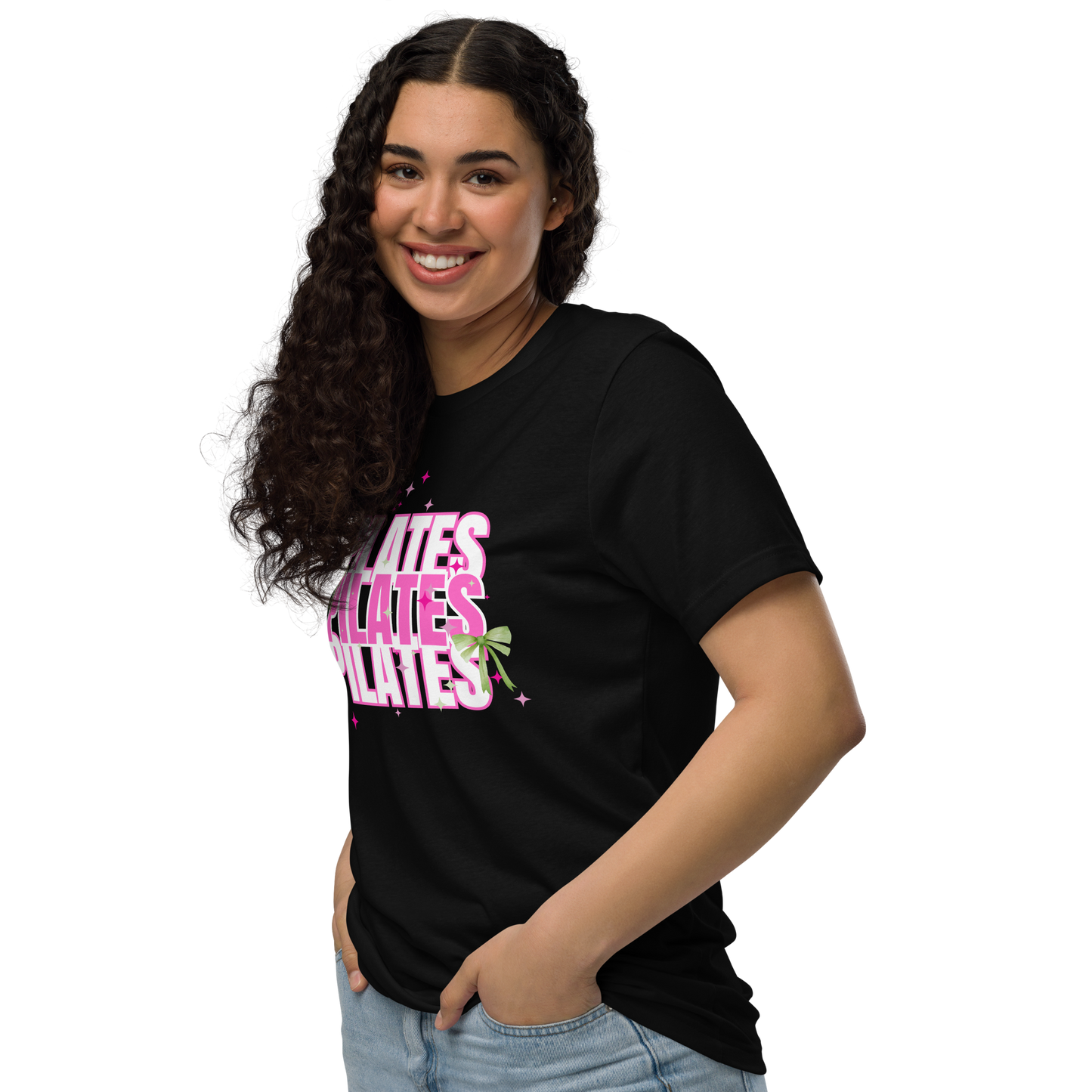 Pilates t-shirt with soft green bow – aesthetic activewear for women
