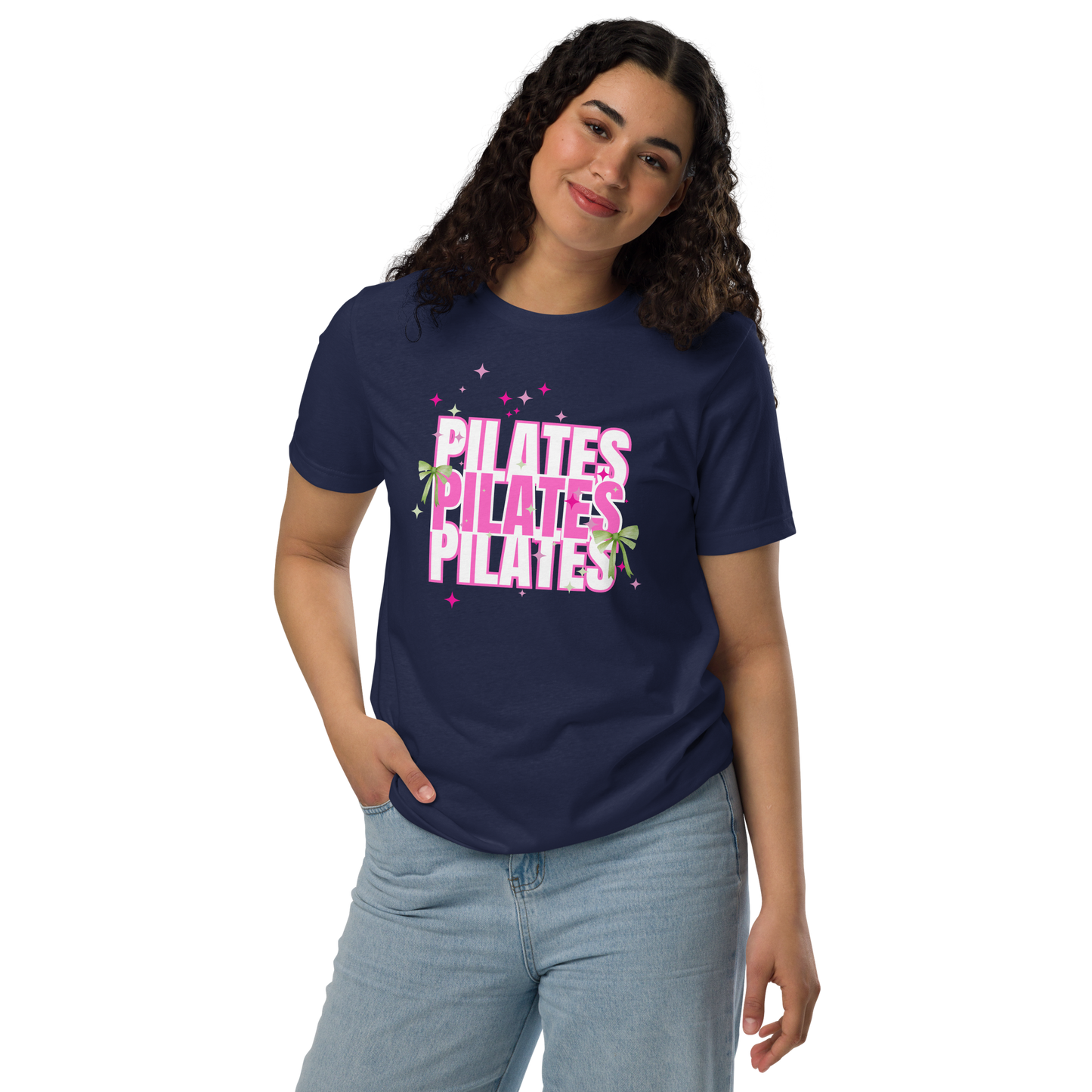 Pilates t-shirt with soft green bow – aesthetic activewear for women