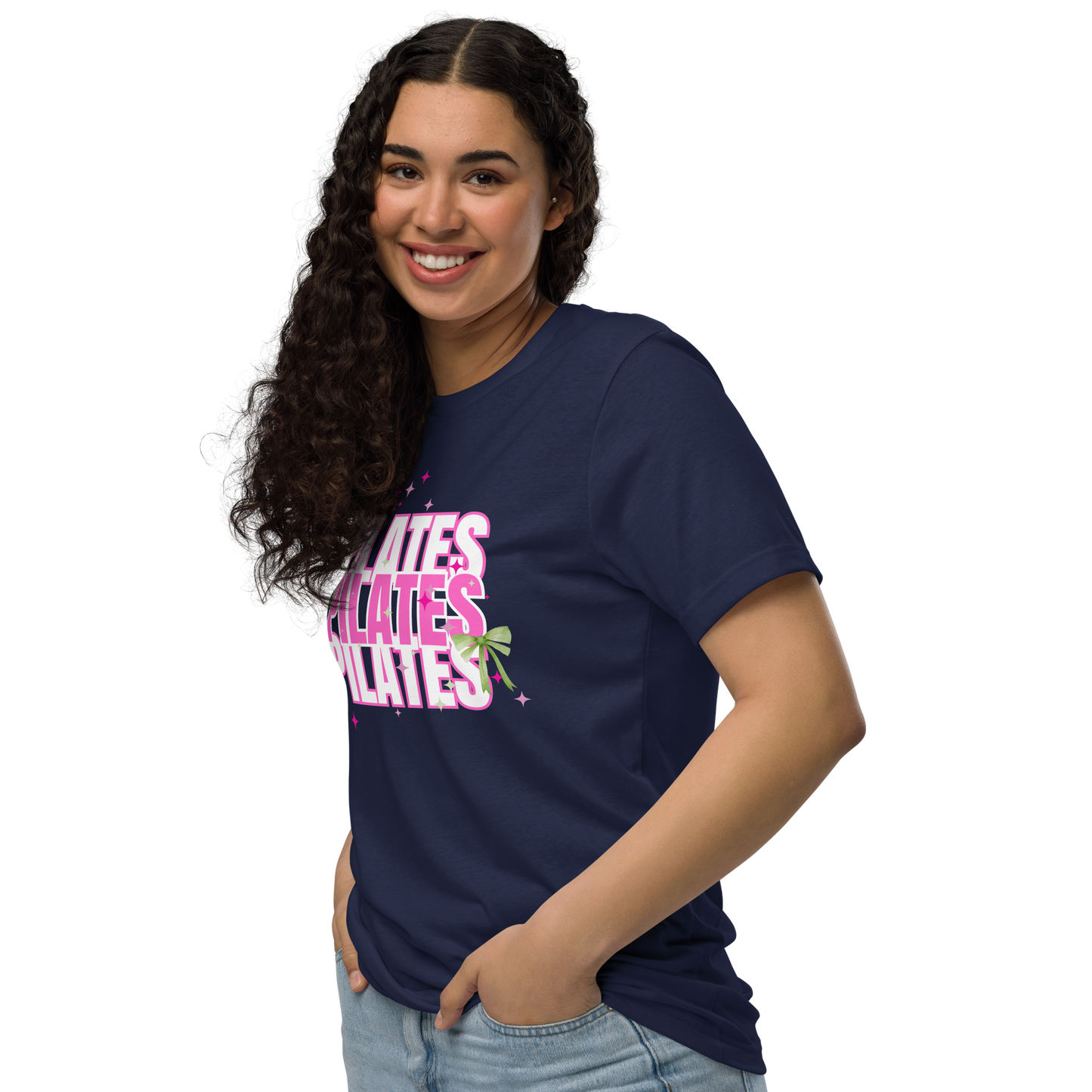 Pilates t-shirt with soft green bow – aesthetic activewear for women