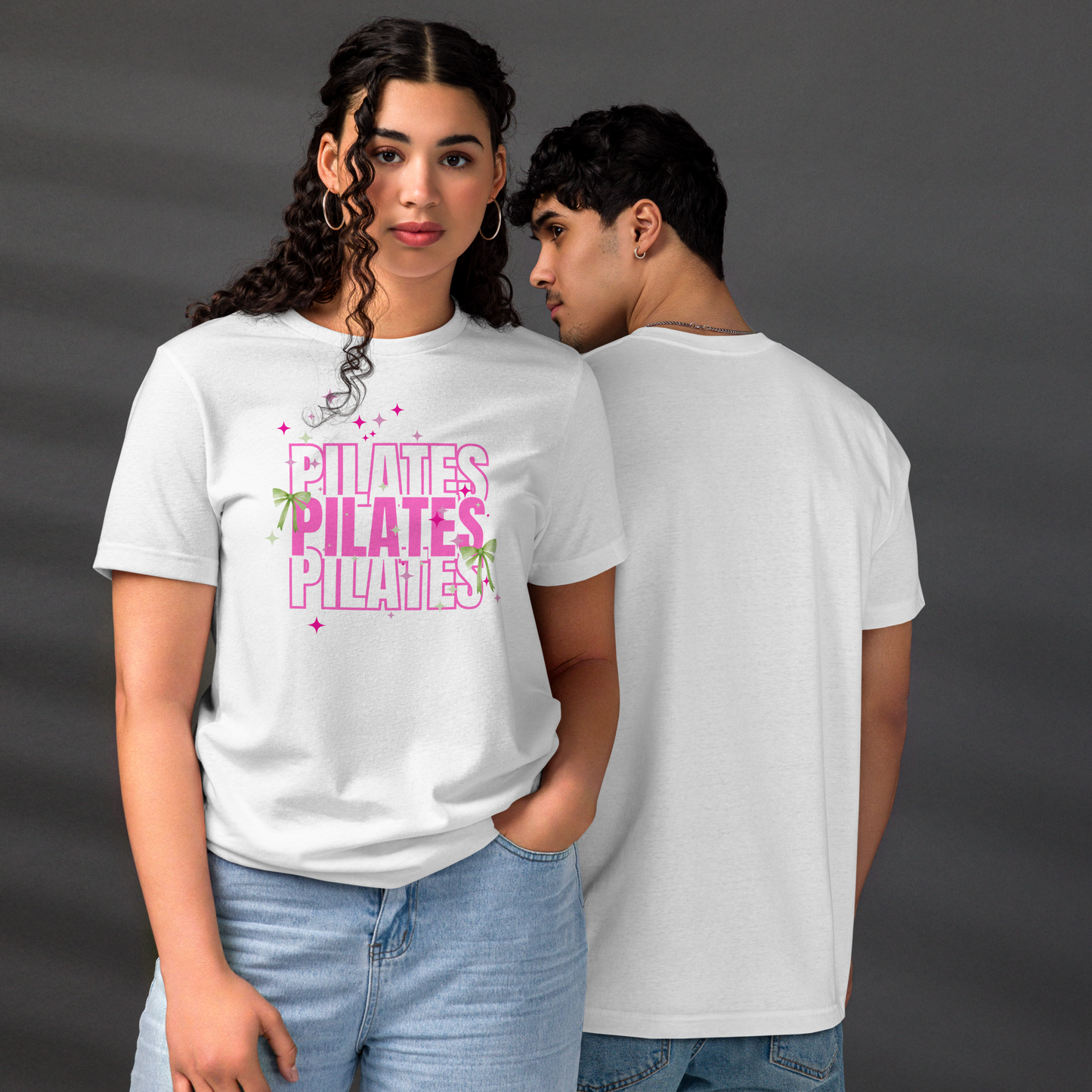 Pilates t-shirt with soft green bow – aesthetic activewear for women