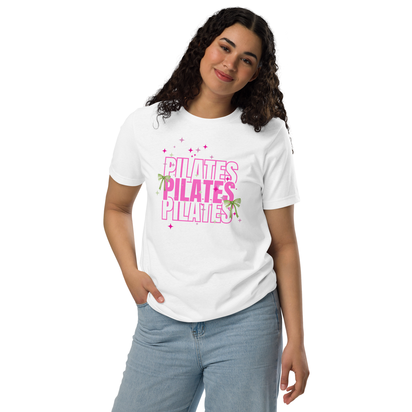 Pilates t-shirt with soft green bow – aesthetic activewear for women