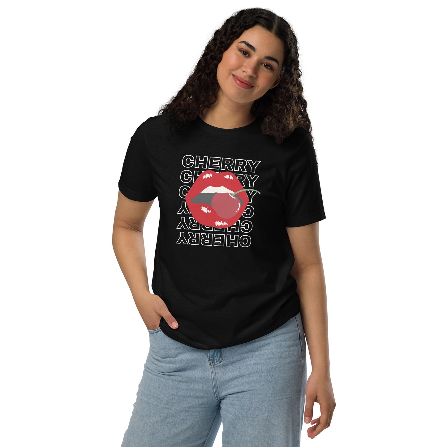 Model wearing lip-biting cherry tee, perfect for flirty casual looks and trendy streetwear.