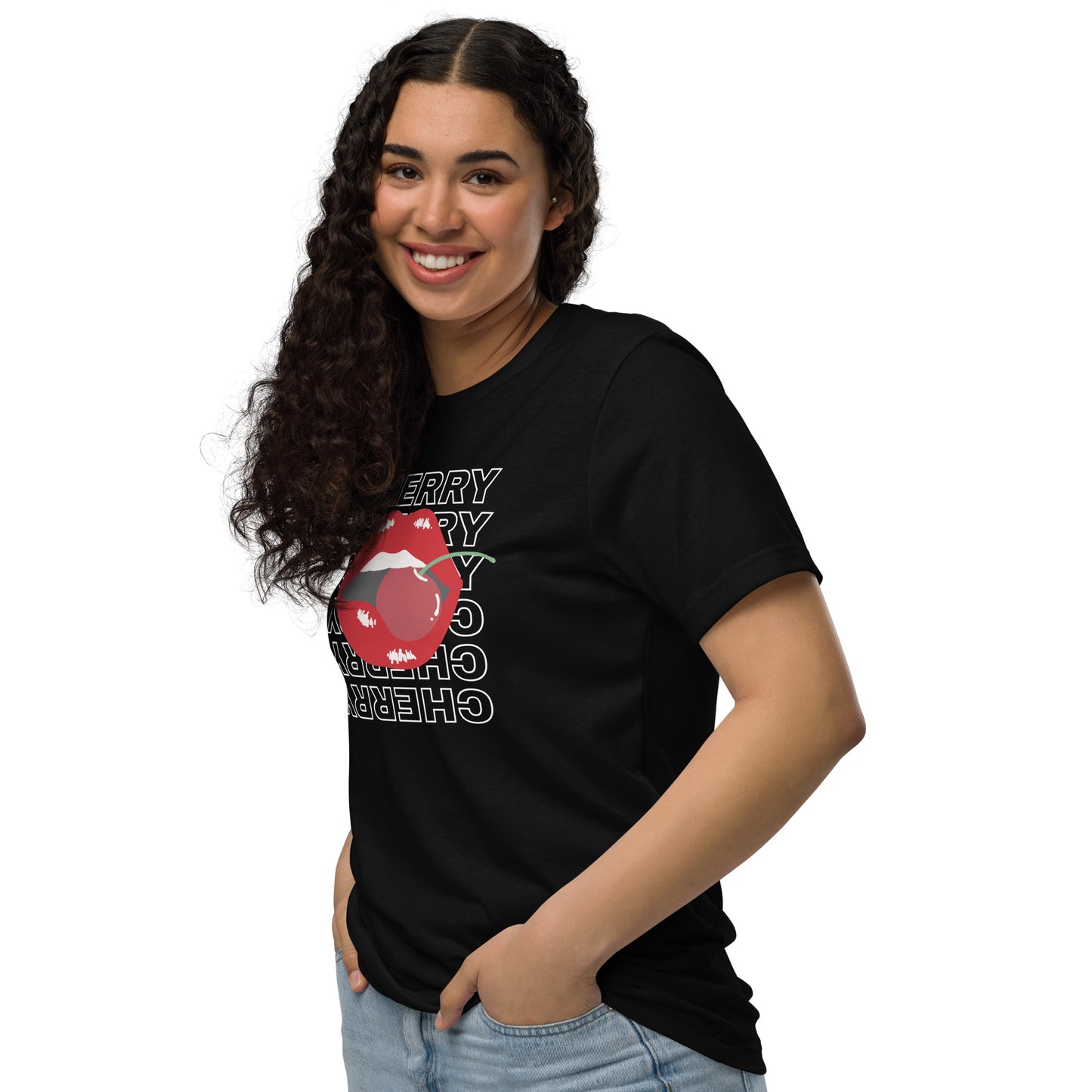 Model wearing lip-biting cherry tee, perfect for flirty casual looks and trendy streetwear.