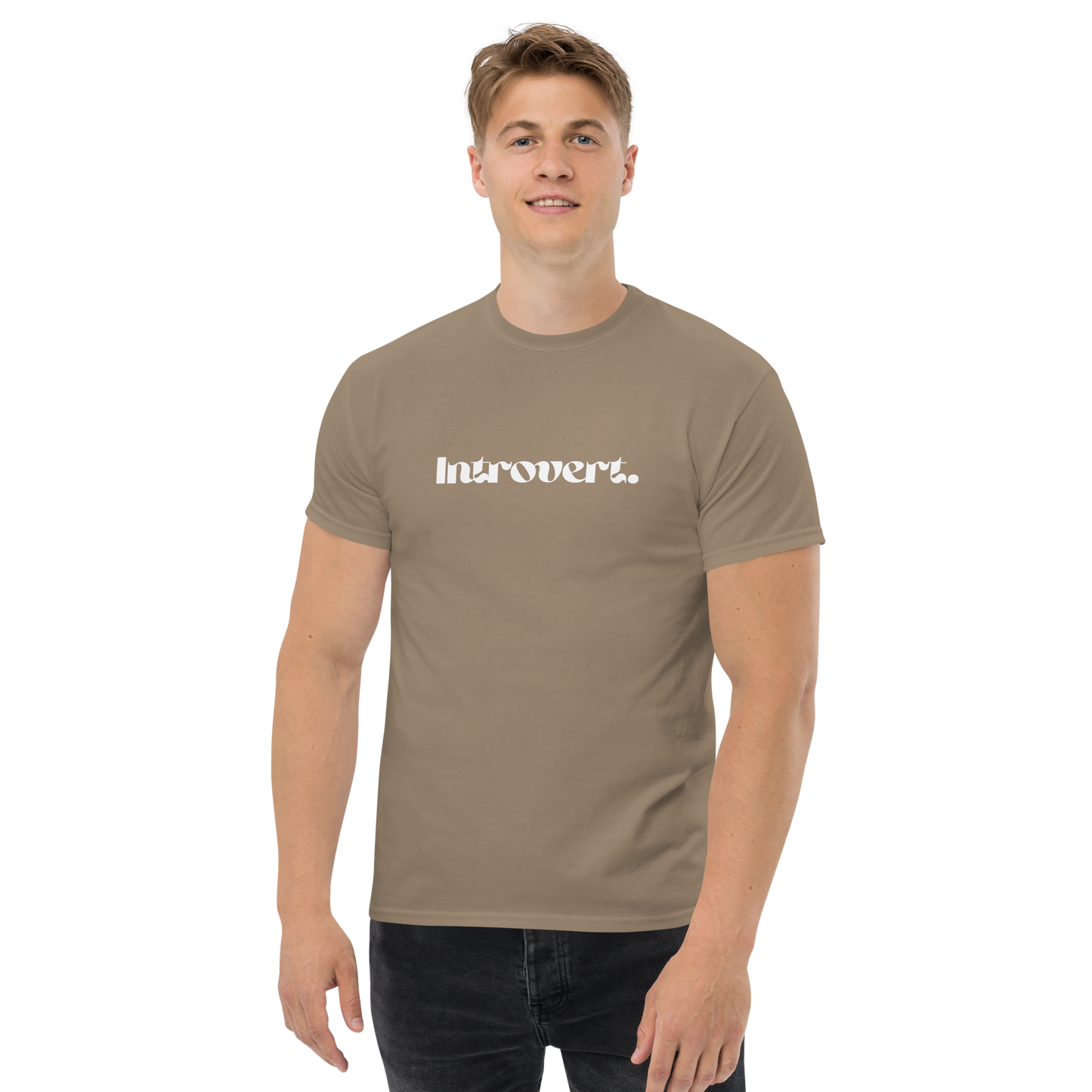 Man wearing a brown t-shirt with 'Introvert' logo on a white background