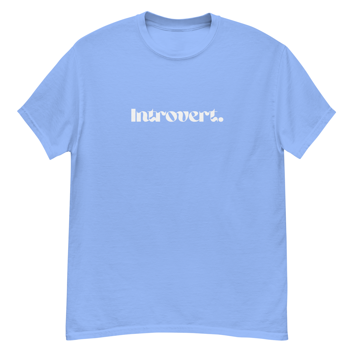 Light blue t-shirt with 'Introvert' text on a white background