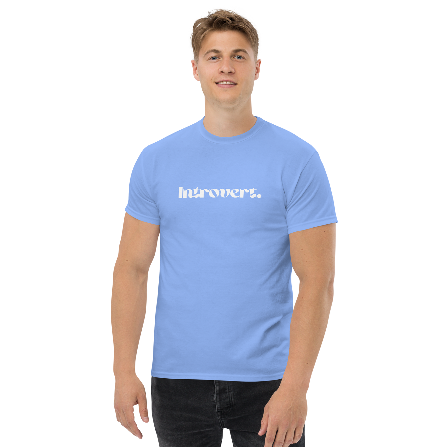 Person wearing a light blue t-shirt with 'Introvert' text on a white background