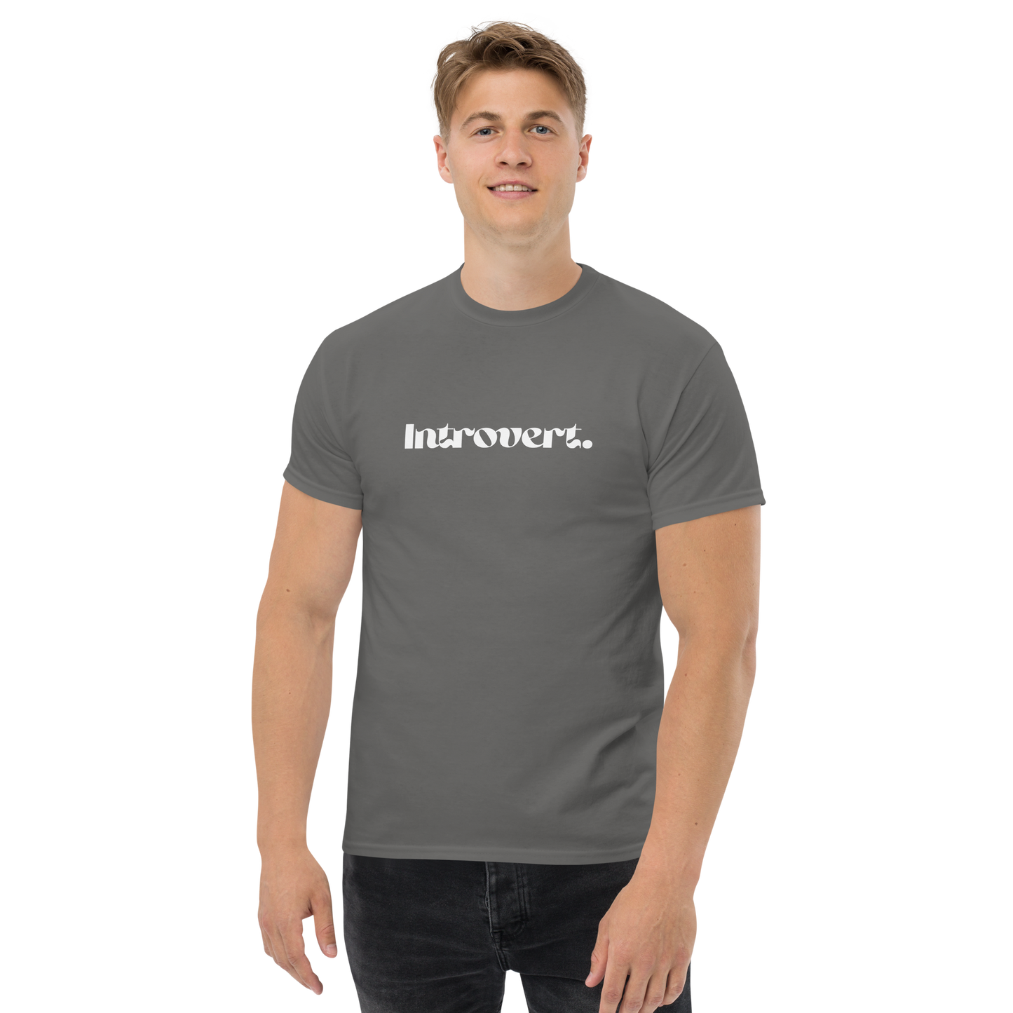 Man wearing a gray t-shirt with 'Introvert' text on a white background