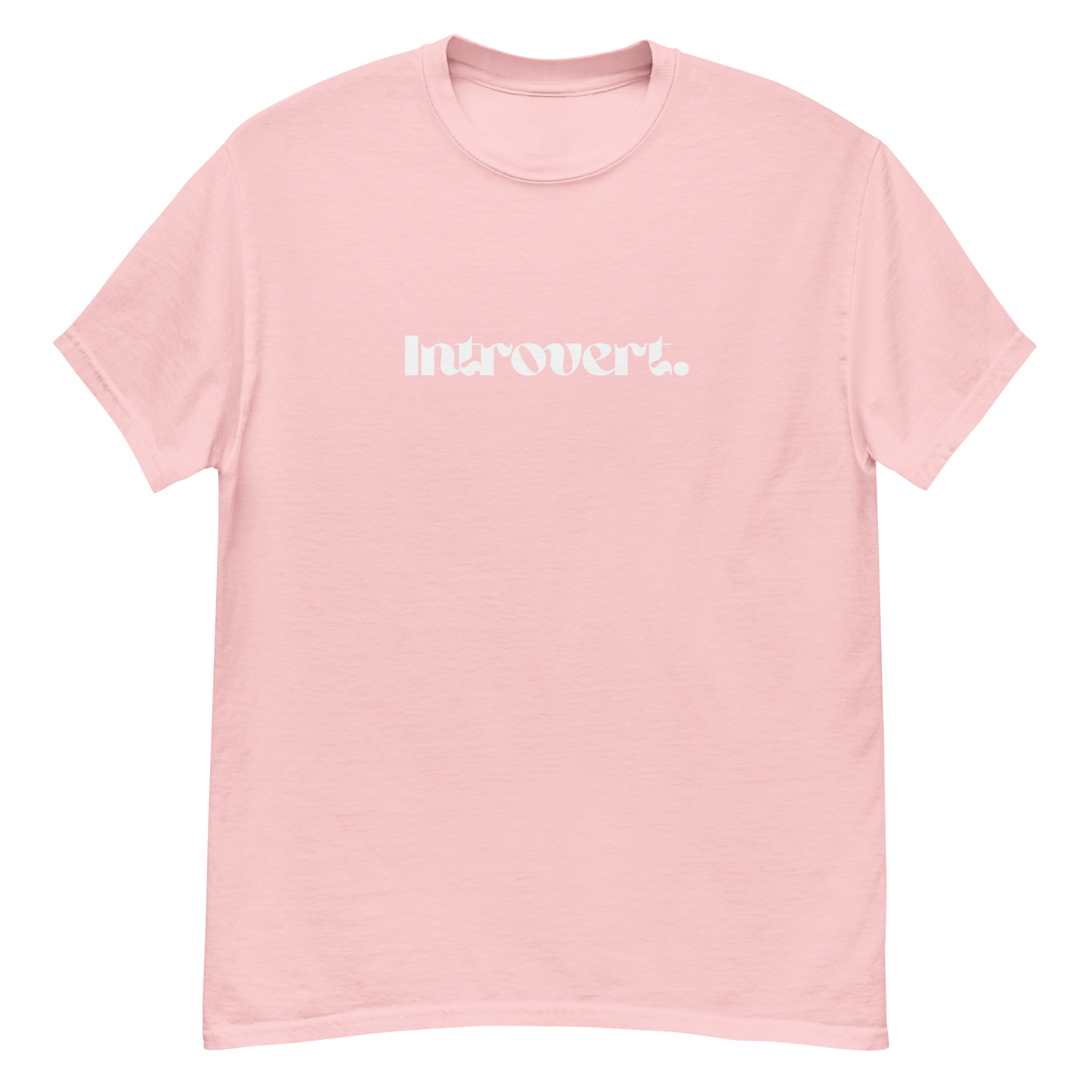 Pink t-shirt with 'Introvert!' text on a white background