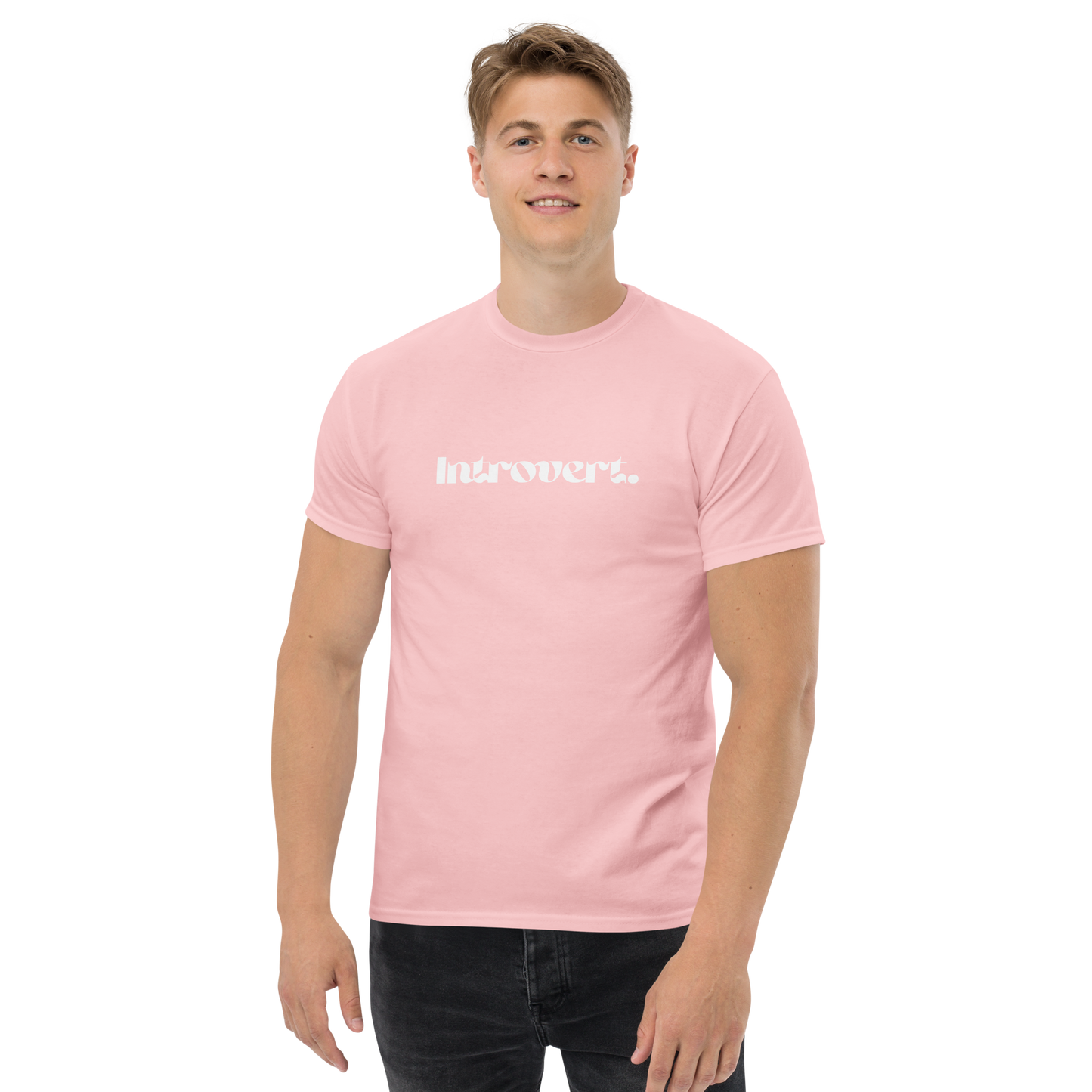 Man wearing a pink t-shirt with text on a white background