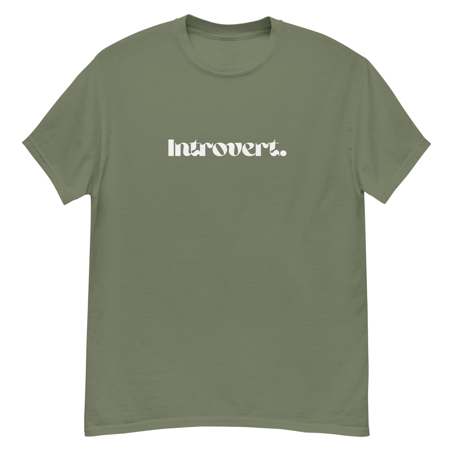 Green t-shirt with 'Introvert' text on a white background
