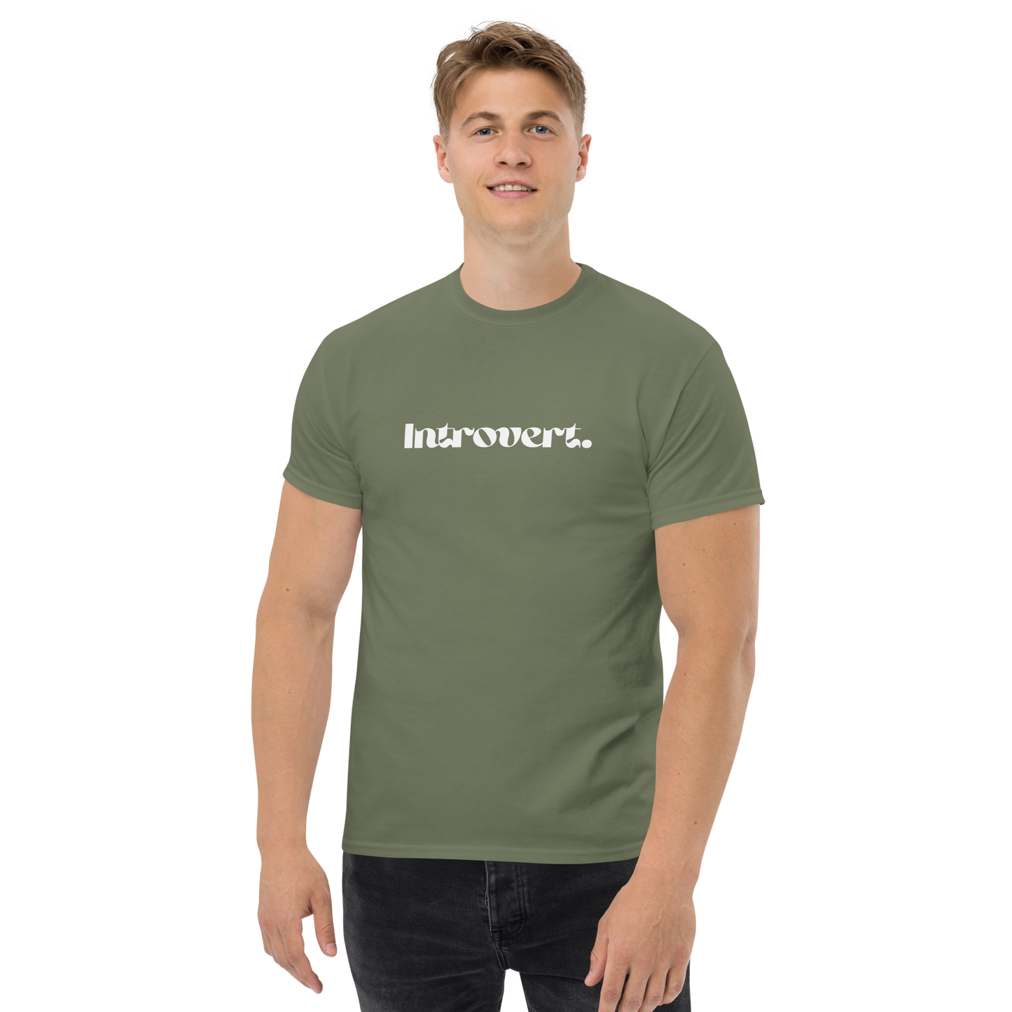Man wearing a green t-shirt with 'Introvert' logo on a white background