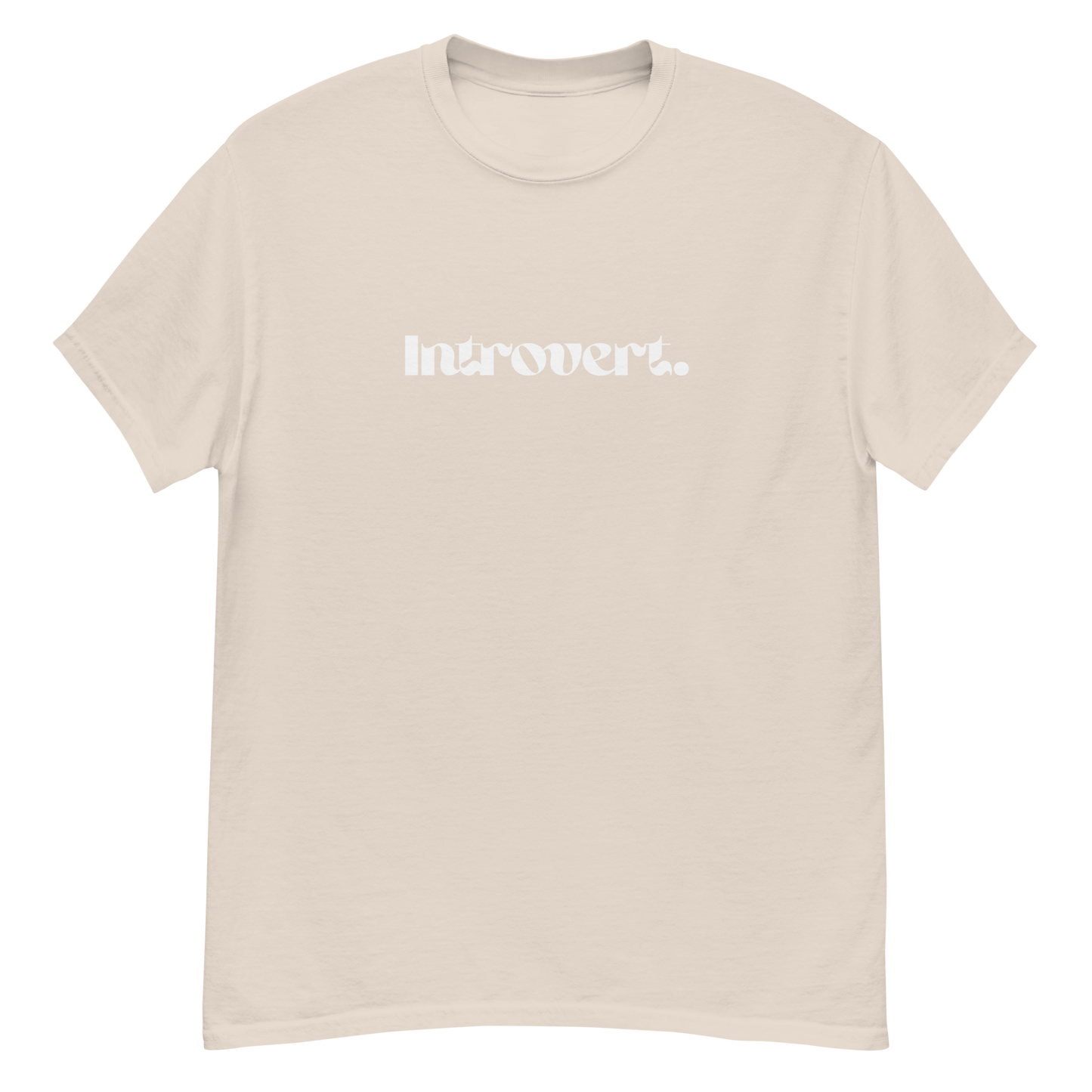 Beige t-shirt with 'Introvert' text on a white background