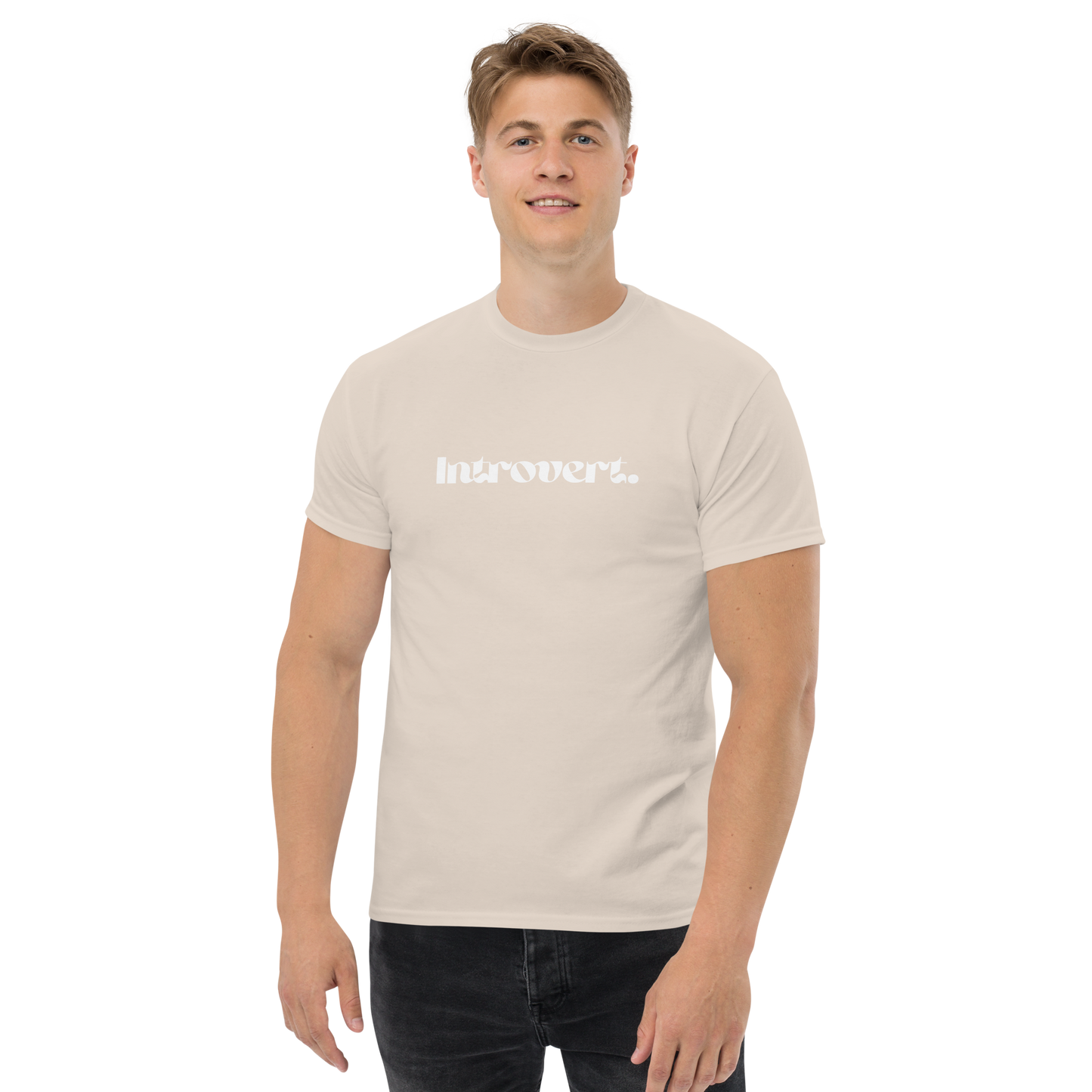 Man wearing a beige t-shirt with text on a white background