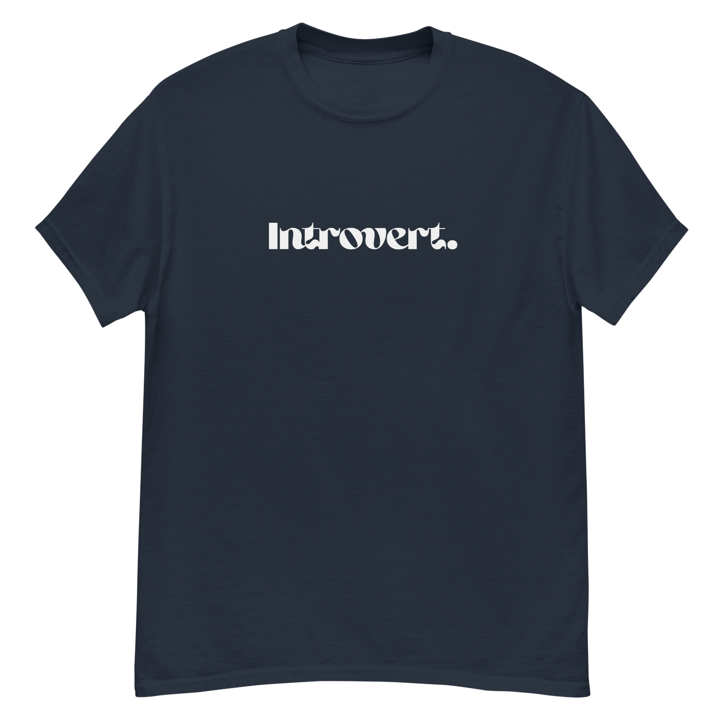 Navy blue t-shirt with 'Introvert.' printed in white on a white background