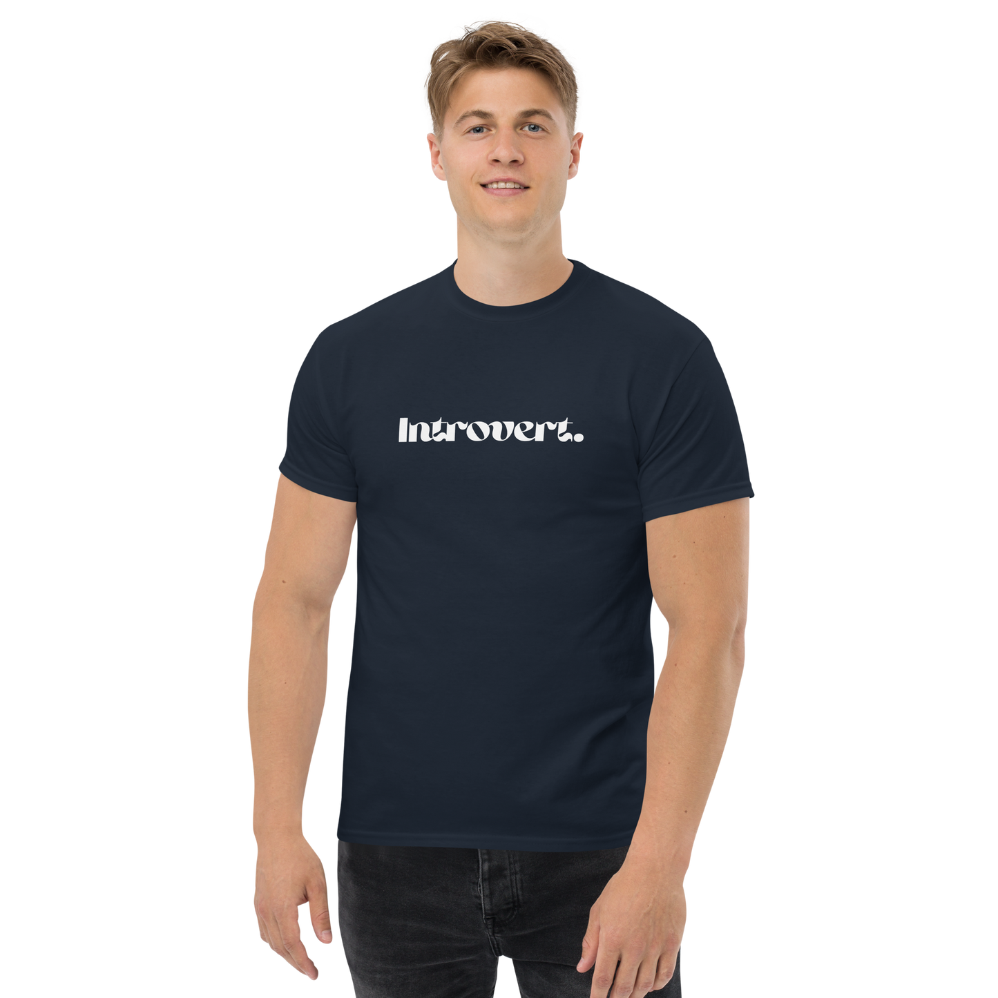 Man wearing a navy blue t-shirt with 'Introvert' text on a white background