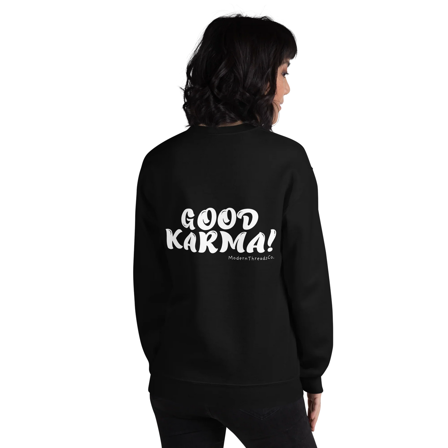Good Karma sweatshirt with small front chest print and bold back graphic – minimalist cotton pullover for casual wear