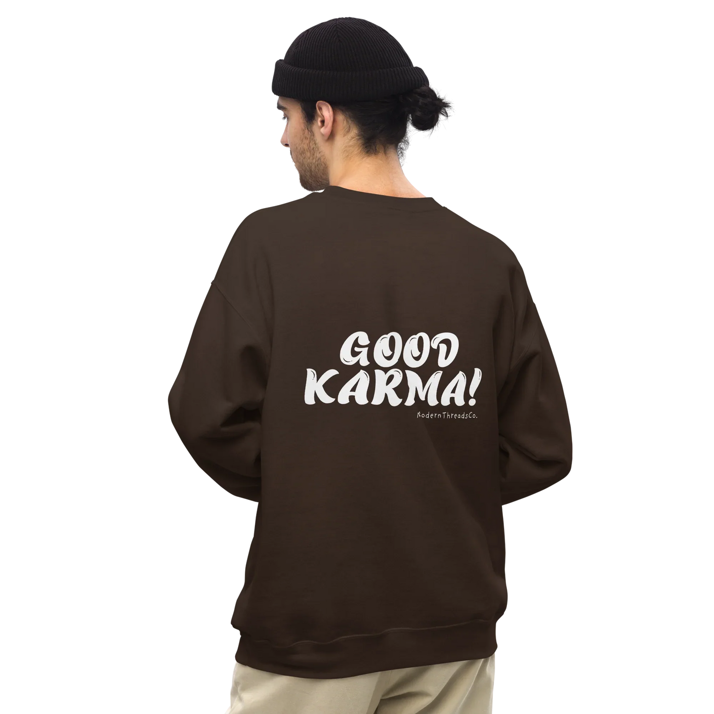 Good Karma sweatshirt with small front chest print and bold back graphic – minimalist cotton pullover for casual wear