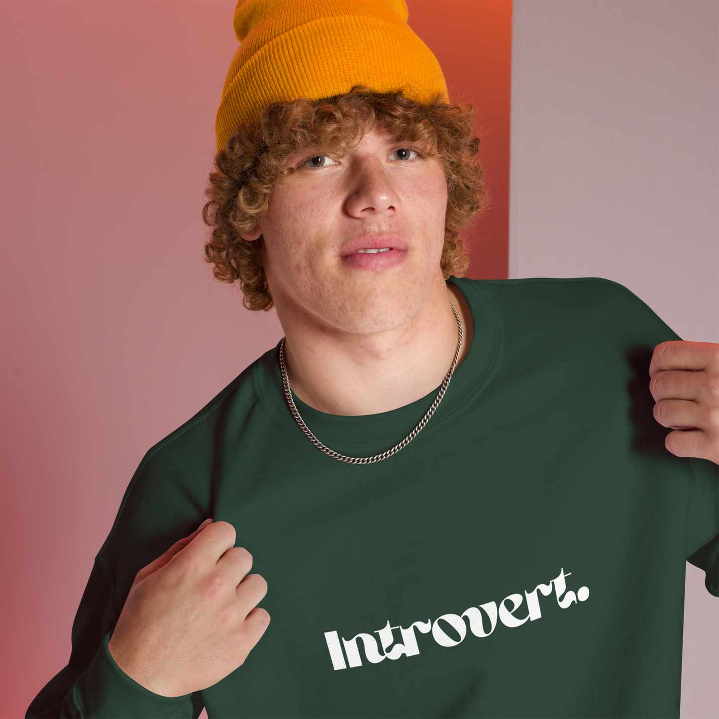 Person wearing a green sweatshirt with 'Introvert.' text against a gradient background