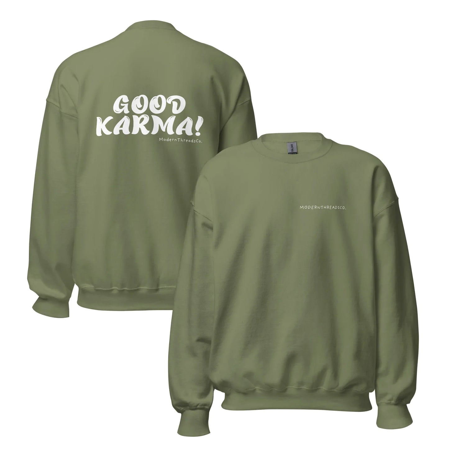 Good Karma sweatshirt with small front chest print and bold back graphic – minimalist cotton pullover for casual wear