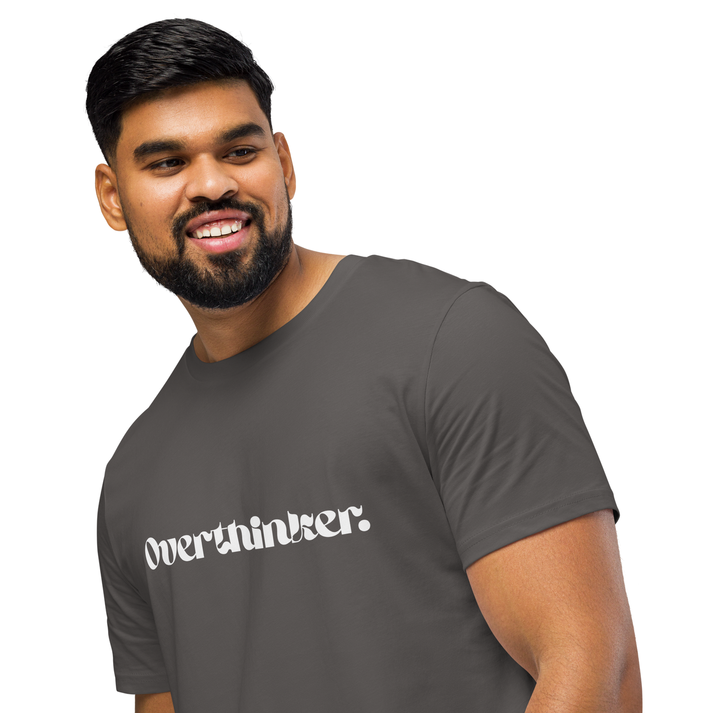 Man wearing a gray t-shirt with 'Overthinker' text on a white background