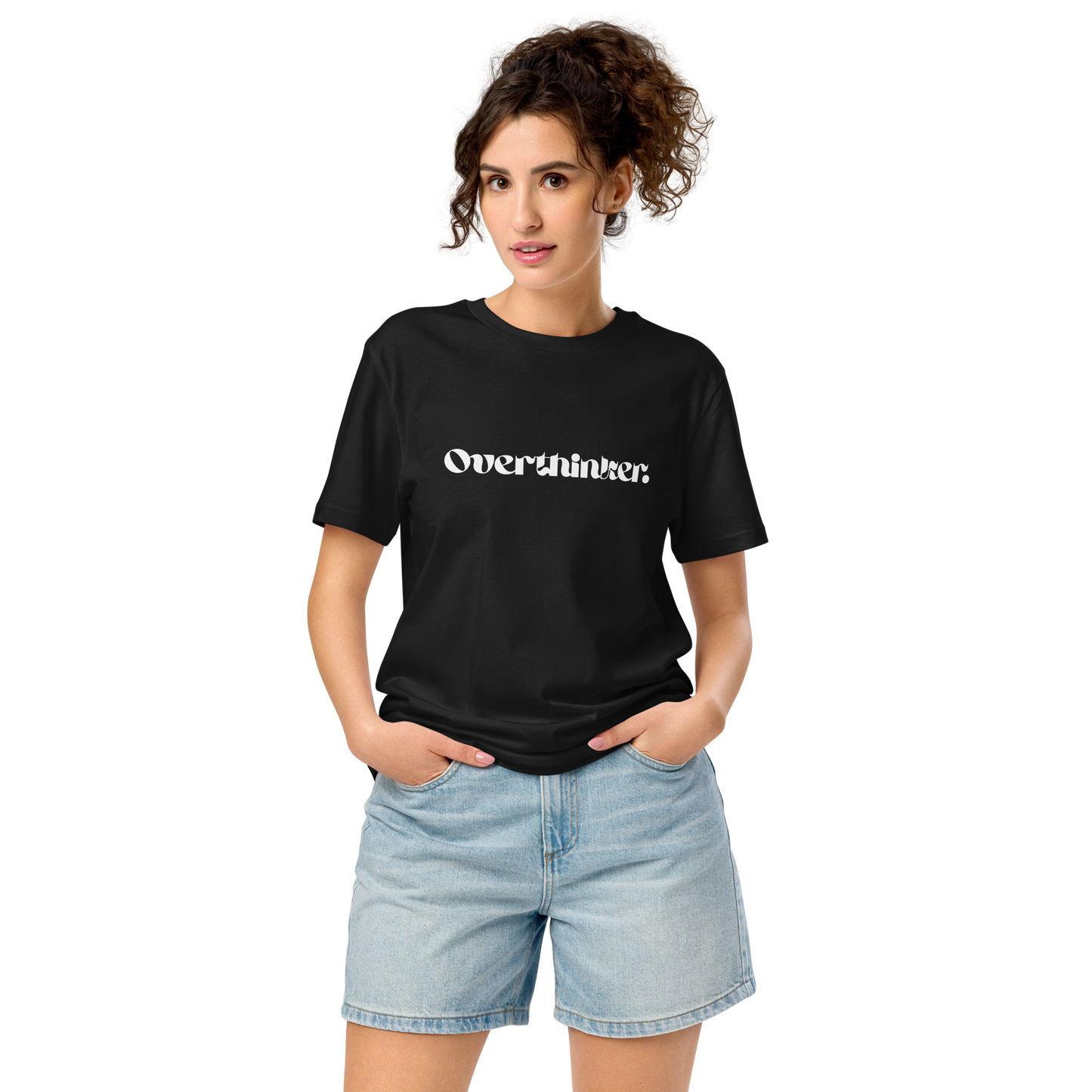 Woman wearing a black t-shirt with 'Overthinker' text on a white background