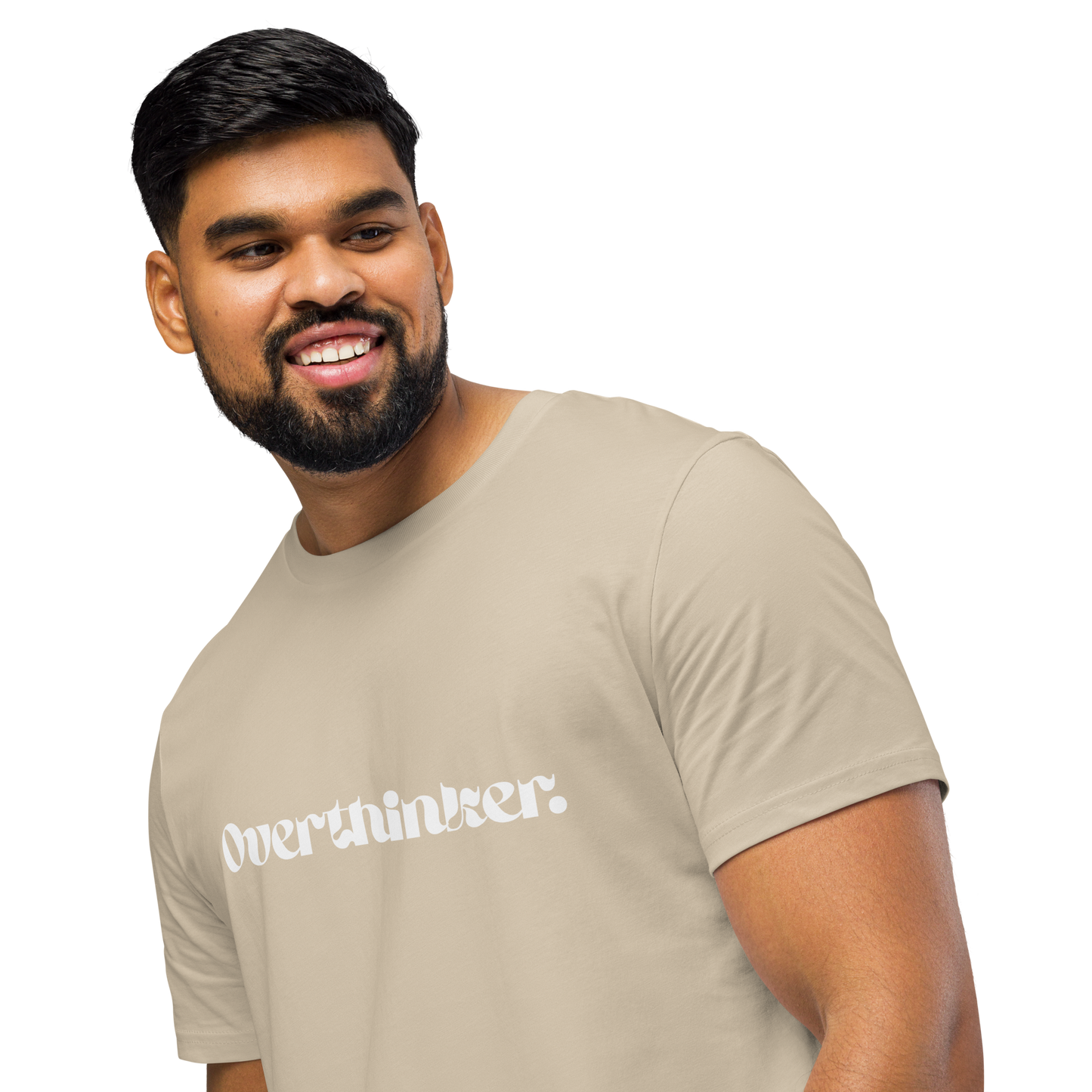 Man wearing a beige t-shirt with 'overthinker' text on a white background